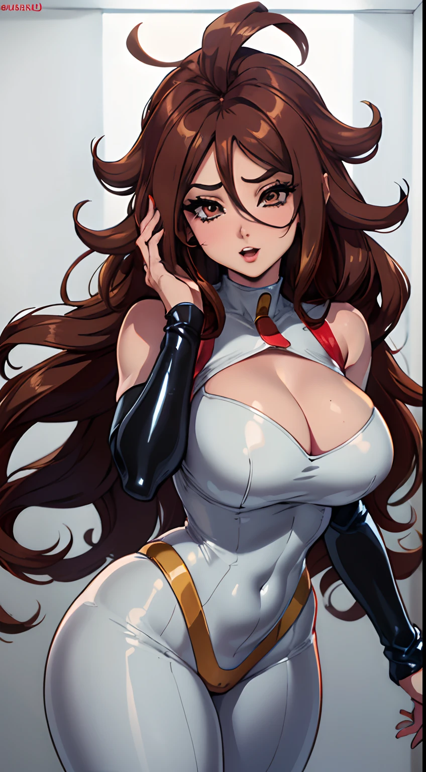 (best quality:1.3), Android 21, ), peituda, clivagem, (brown hair), (long hair) sedutora, rosto sexy,  sexy, body curvy, bunda grande, (latex)