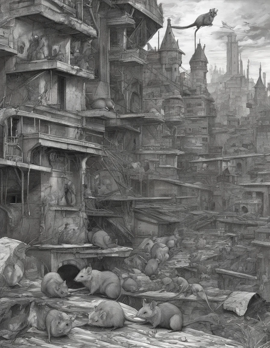 Rat colony,Fle,junk,medieval times,k hd,8K,a color,