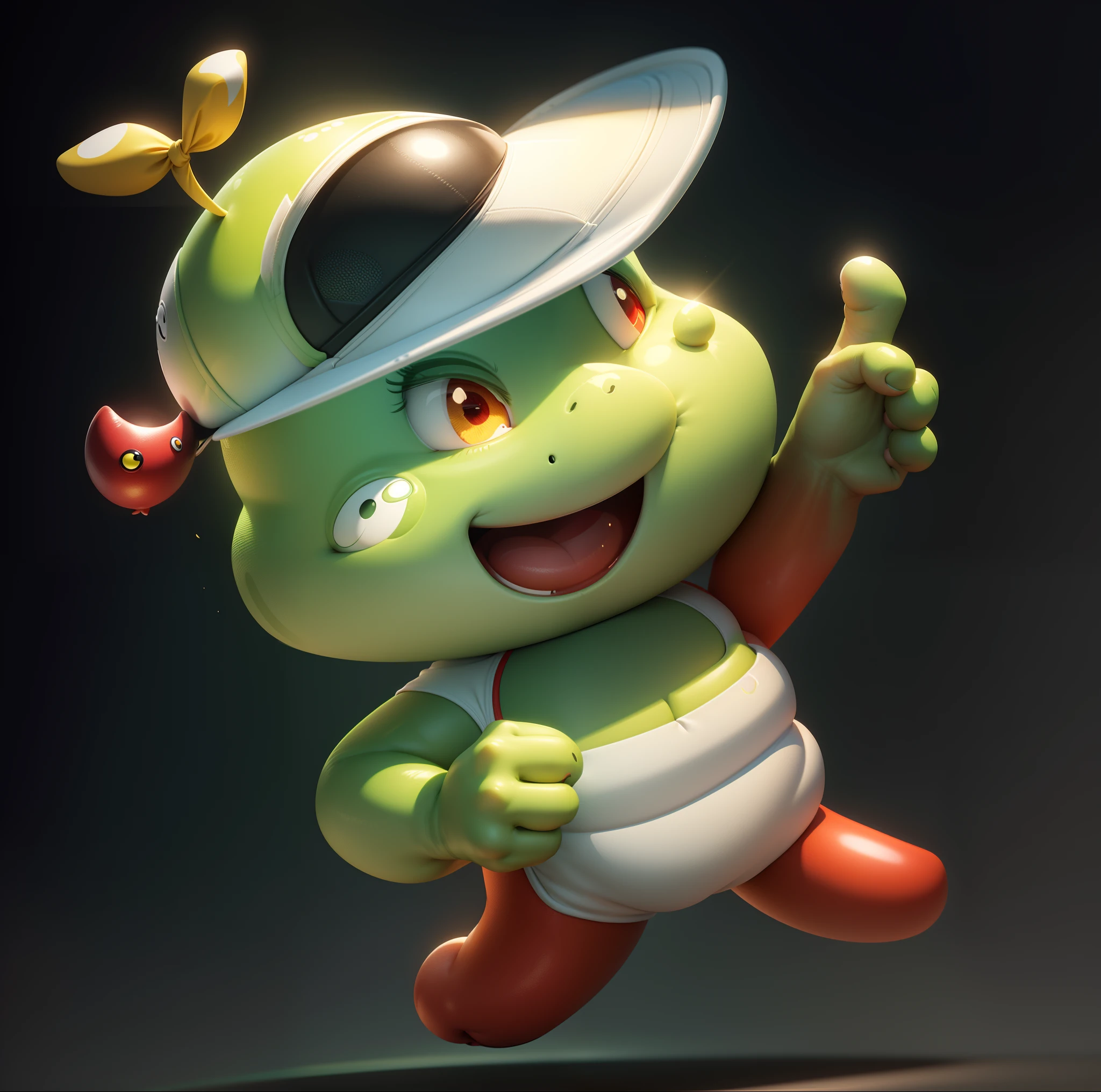 Cute cartoon,Round and cute,Green skin,Redfaced,黑The eye,Yellow belly,Red sports cap,white brims,Left finger forward,ssmile,Rounded,white backgrounid,3D cartoon style rendering,