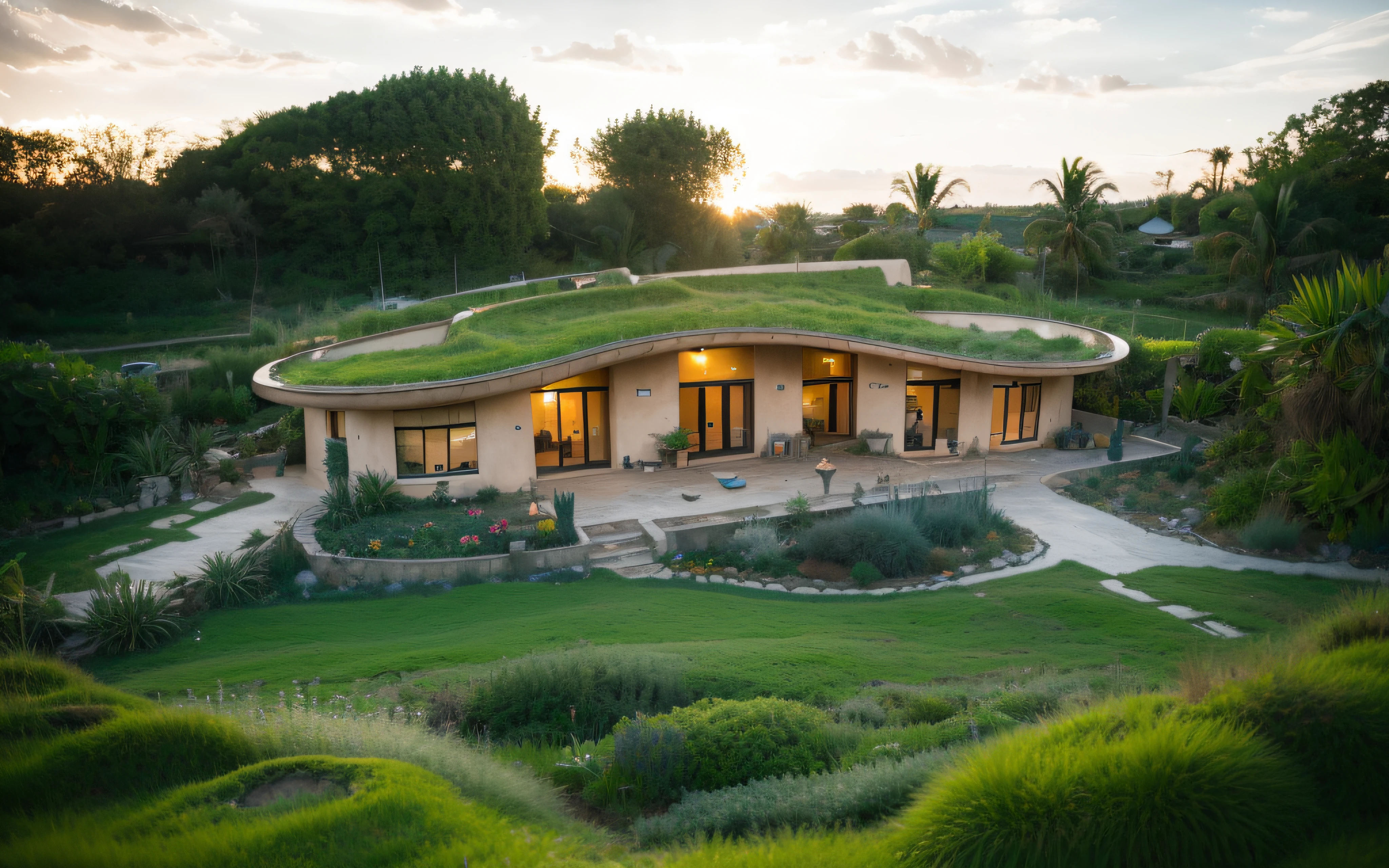 A photographyof a imposing contemporary modern sigle storey house with a organic curved angular rounded corners walls and (((greenroof:1.2))) in tropical backyard with a ((biological pool)), plaster (((rustic mud stucco terracotta))) and a (((wave shape greenroof with a wood edge))), (((wood and rake fascia roof))), eaves, porch, ((timber frame roof)), in the bali (((tropical garden))), ((rounded corners walls)), ((rustic mud plaster)), (((curved organic rounded corners walls))), (((rustic earth plaster, mud clay stucco))), natural houses, ((hadid bali hobbit style)), Organic Buildings, Organic Architecture, Ecovillage, Sustainable Architecture, Biobuilding, Solarpunk Architecture, (((Grass Roof, Green Roof, Green Wave Roof, Rounded Roof, vegetated roofs))), green architecture, Passive house, Rock Foundation, clean sky in background, Interdimensional Villa, a painful beauty, organic architecture, green house, Super Resolution, cinematic, color grading, editorial photography, photography, Photo Shoot, (((front eye top angle view dramatic))), Spring 50mm, Depth of Field, Intricate Details, Natural Colors, Sharp Focus, Warm Light, Shutter Speed 1/1000, F/22, White Balance, Ray Trace Reflections, Lumen Reflections, Screen Space Reflections, Diffraction Classification, Chromatic Aberration, GB Offset, Partial Illumination, Backlight, Natural Illumination, Sweep Lines, Ambient Occlusion, Anti-Aliasing, Shaders, OpenGL-Shaders, GLSL-Shaders, Post Processing, Post Production, The Shading, Tone Mapping, Insanely detailed and intricate, hypermaximalist, elegant, hyperrealistic, super detailed, dynamic pose, Fujifilm XT3