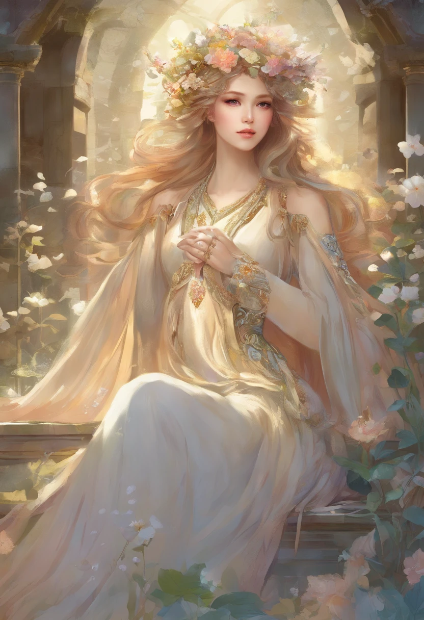 masterpiece、top-quality、hight resolution、High-quality images、8K、Silver metallic、grayscales、skin gloss、Texture of skin and clothing、细节、portlate、Detailed eye expression、Lustrous hair、poneyTail、Braided hair、full body Esbian、dong、spear、evening primrose、by mucha、