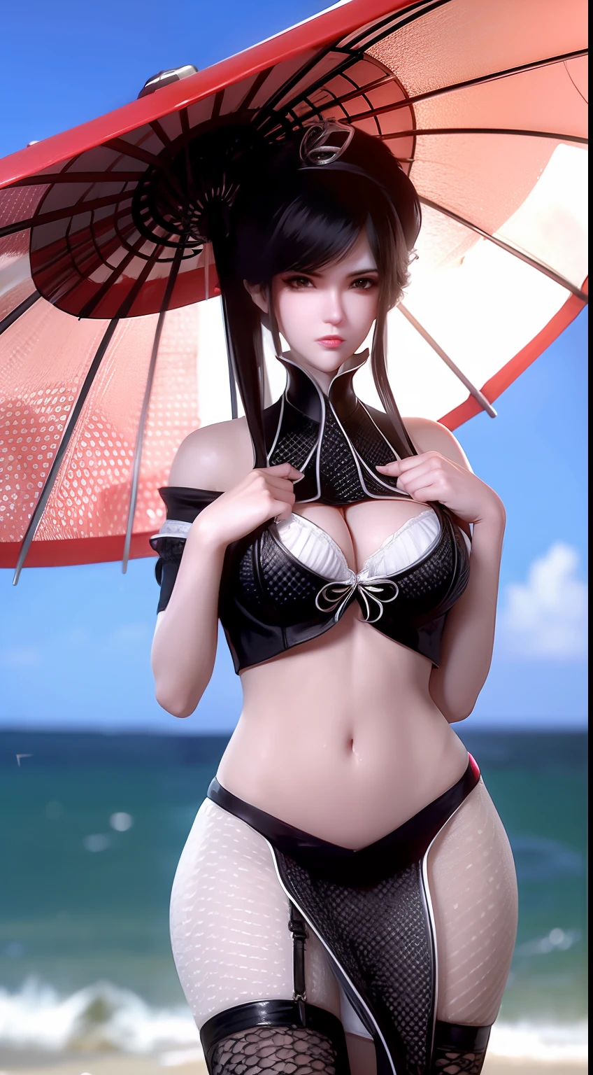 A girl with black hair holds an umbrella,Hands over large breasts。Wearing sexy red lingerie by the sea