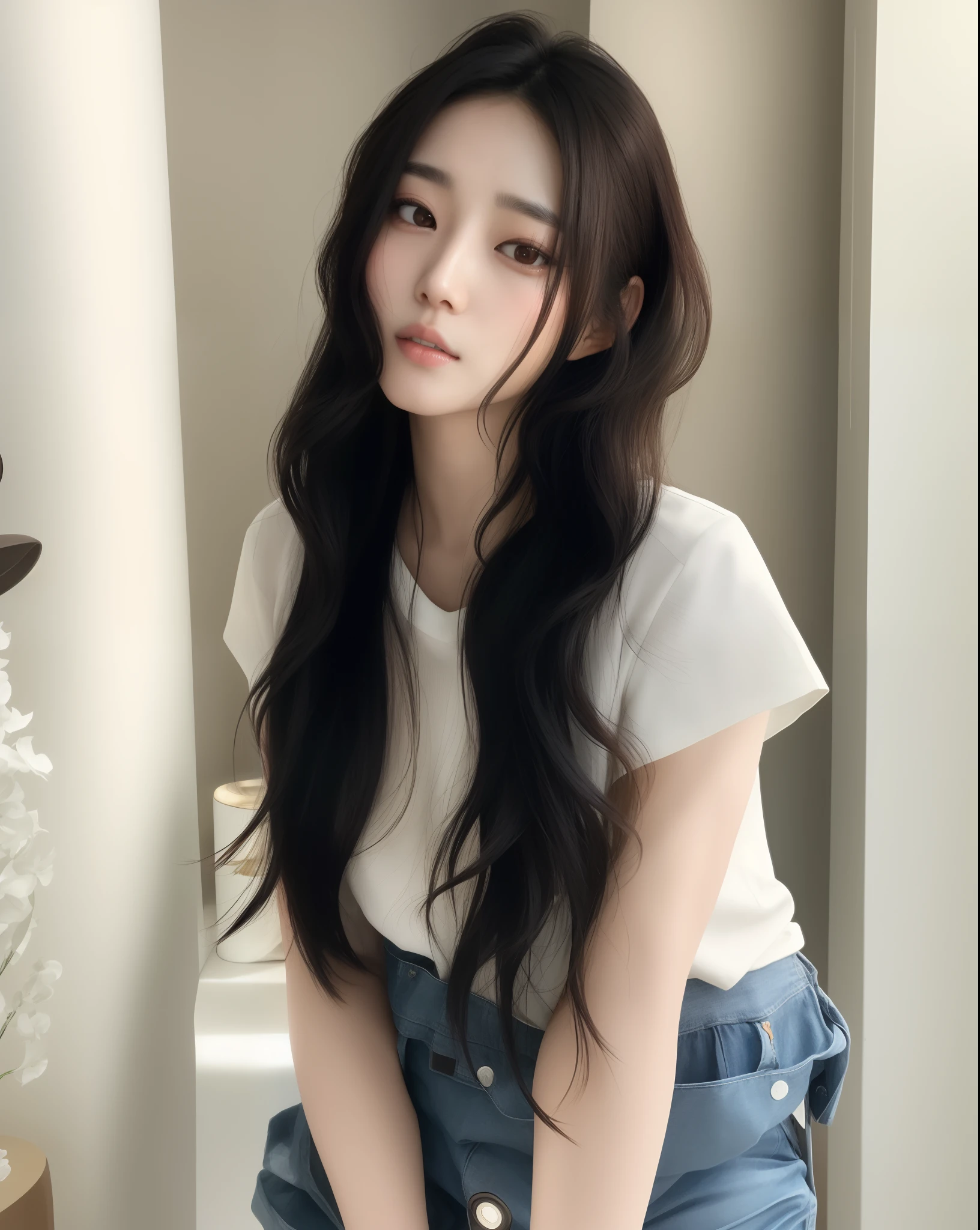 Araffe Asian woman with long brown hair and white shirt, Kim Tae-hee, with long hair, Gorgeous young Korean woman,   long wavy black hair, heonhwa choe, wavy long length of black hair, Shoulder-length wavy hair Kim Tae-hee's face