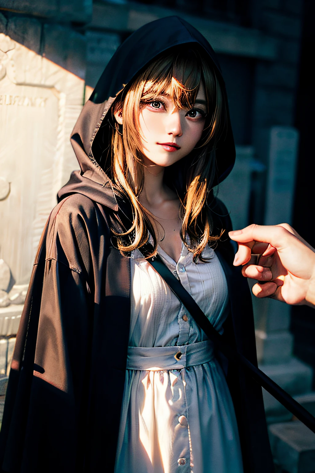 Cute hooded Grim Reaper shrouded in dark mist,Wielding a scythe,Emerge from the swirling shadows.Stand in the Cemetery of Forgotten Souls.(light brown and red striped hair,,,,,:1.3,),Perfect face,Proper body proportion,masutepiece,Super high-quality output images,超A high resolution,Intricate details,Extremely delicate and beautiful,photographrealistic,Dreamy,Professional Lighting,realistic shadow,Solo Focus,Beautiful hands,Beautiful fingers,