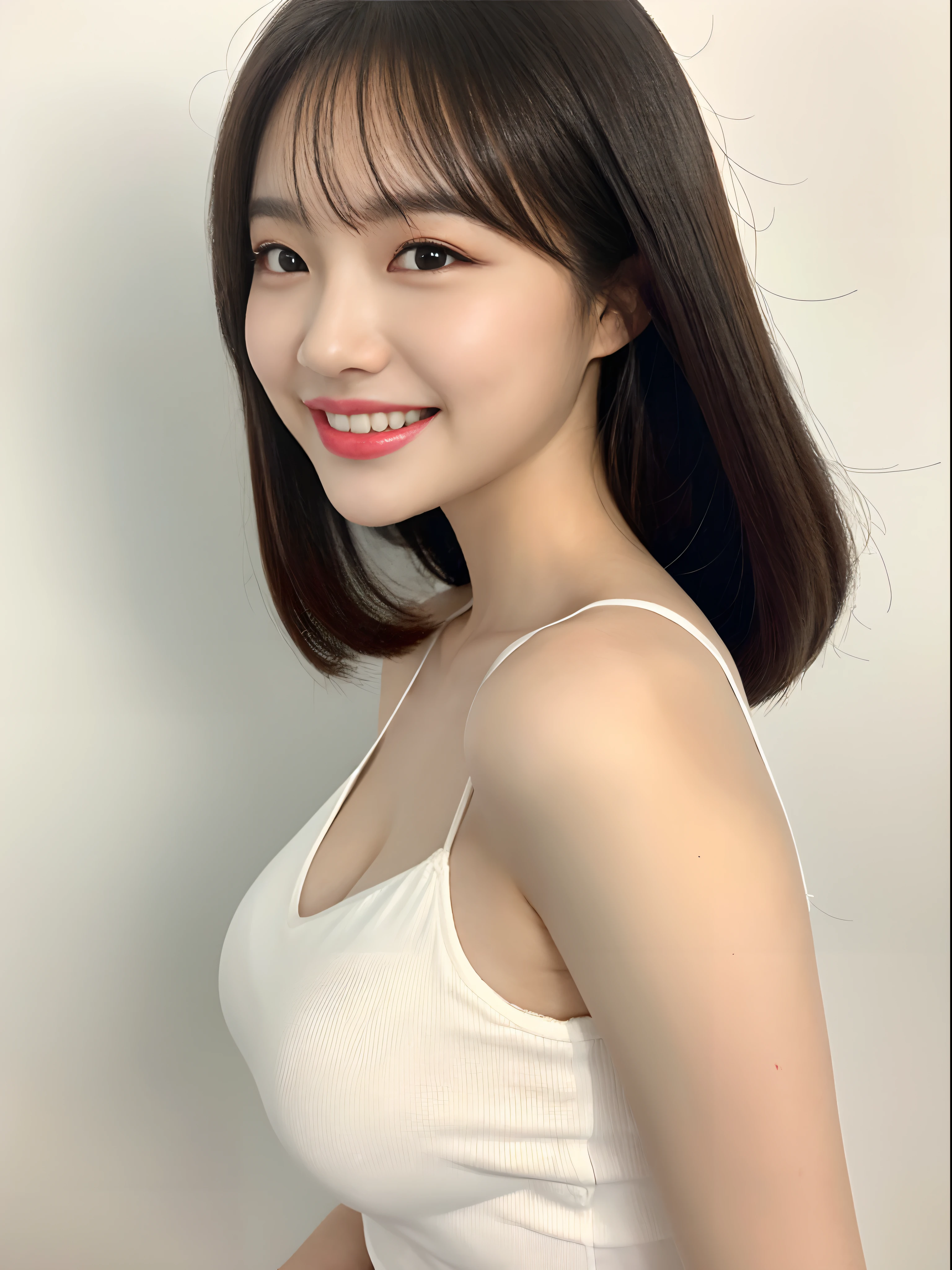 Best quality at best, masterpiece, 1Girl, beautifull face, (Photo Photorealistic:1.3), rim lighting, (High-detail skins:1.2), 8K UHD, DSLR, highs quality, high resolucion, 8K, Bokeh, absurderes, Best Ratio Four Fingers and One Thumb, (realisitic: 1.3), cute 1girl, white tea, mediuml breasts, short skirts, ((White background)), ((profile photo)), Smiling faces, Korean idol makeover