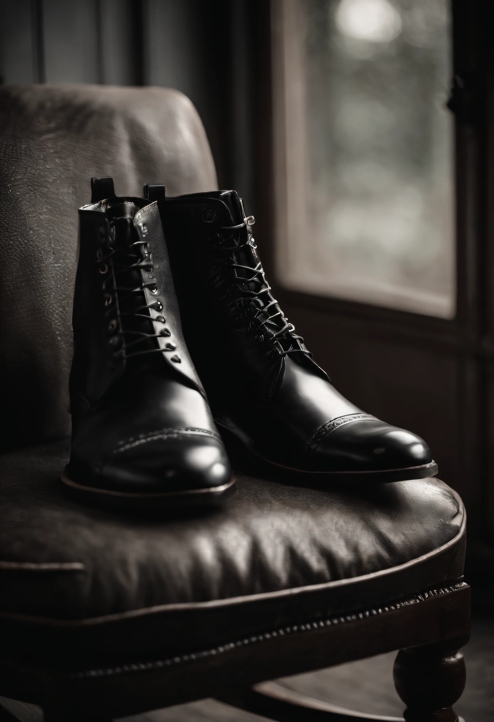Old gentleman with a goatee,sit on chair,Eyes look at boots,Black high-gloss rain boots, 8K分辨率,Wallpaper masterpiece,Best quality,Highly meticulous,Ultra high quality,Increase brightness。
