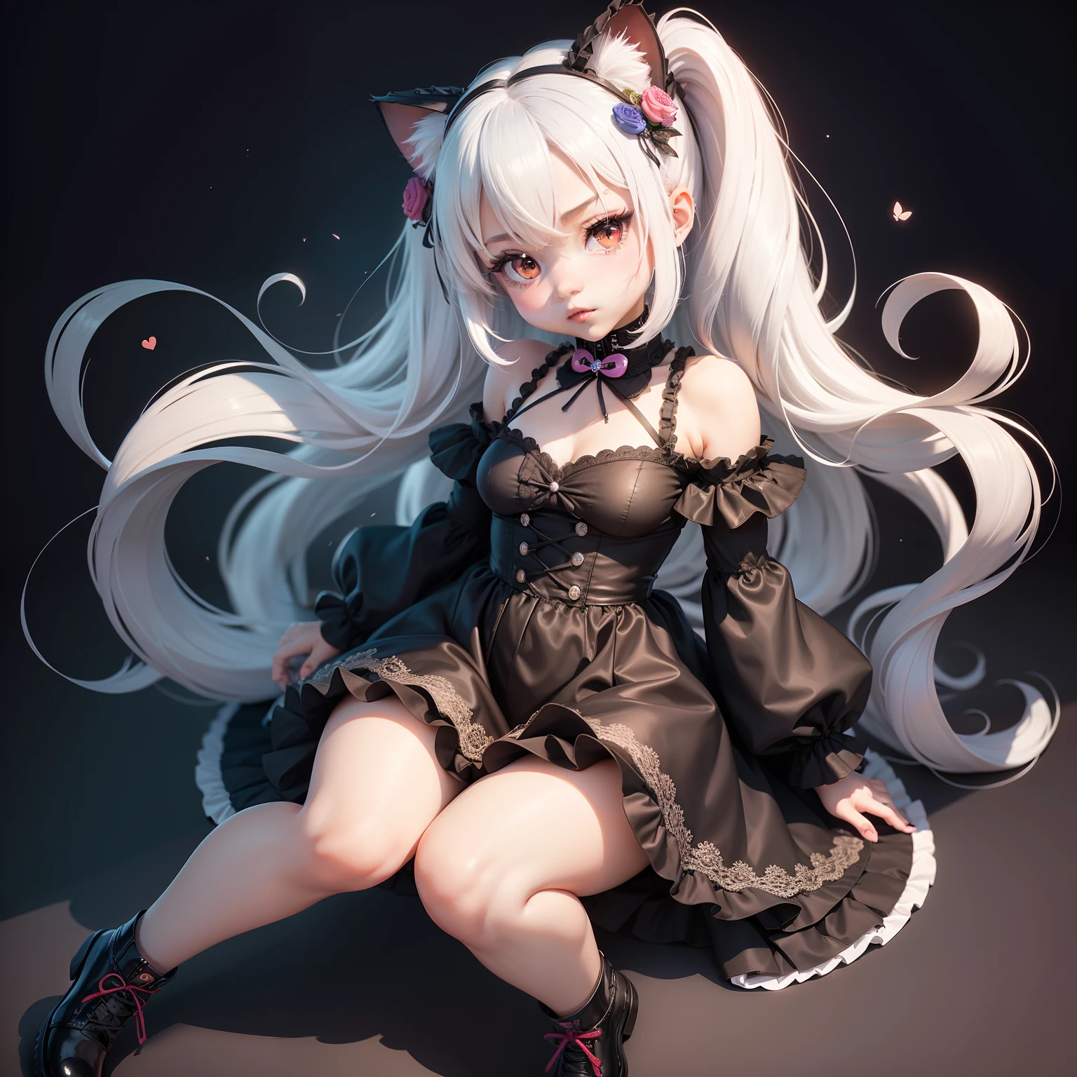 Silver hair, pink eyes, body, cat ears,girl, earrings,hair bows,hair charms,dress, on knees