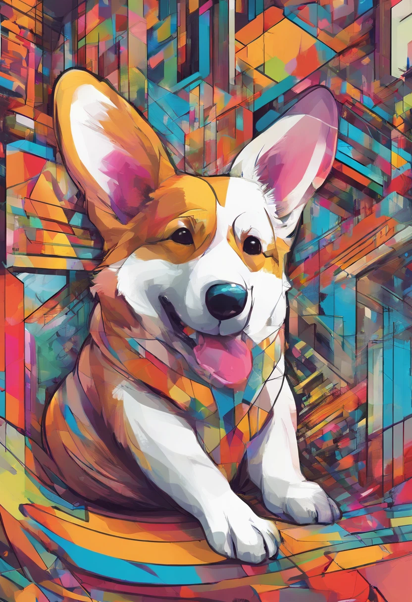 a corgi, ),(melhor pose),(best angle), (better expression), Eduardo Kobra acolchoamento ,multidimensional geometric wall PORTRAIT, arte, Chibi,Yang08k, lindo, Colouring,