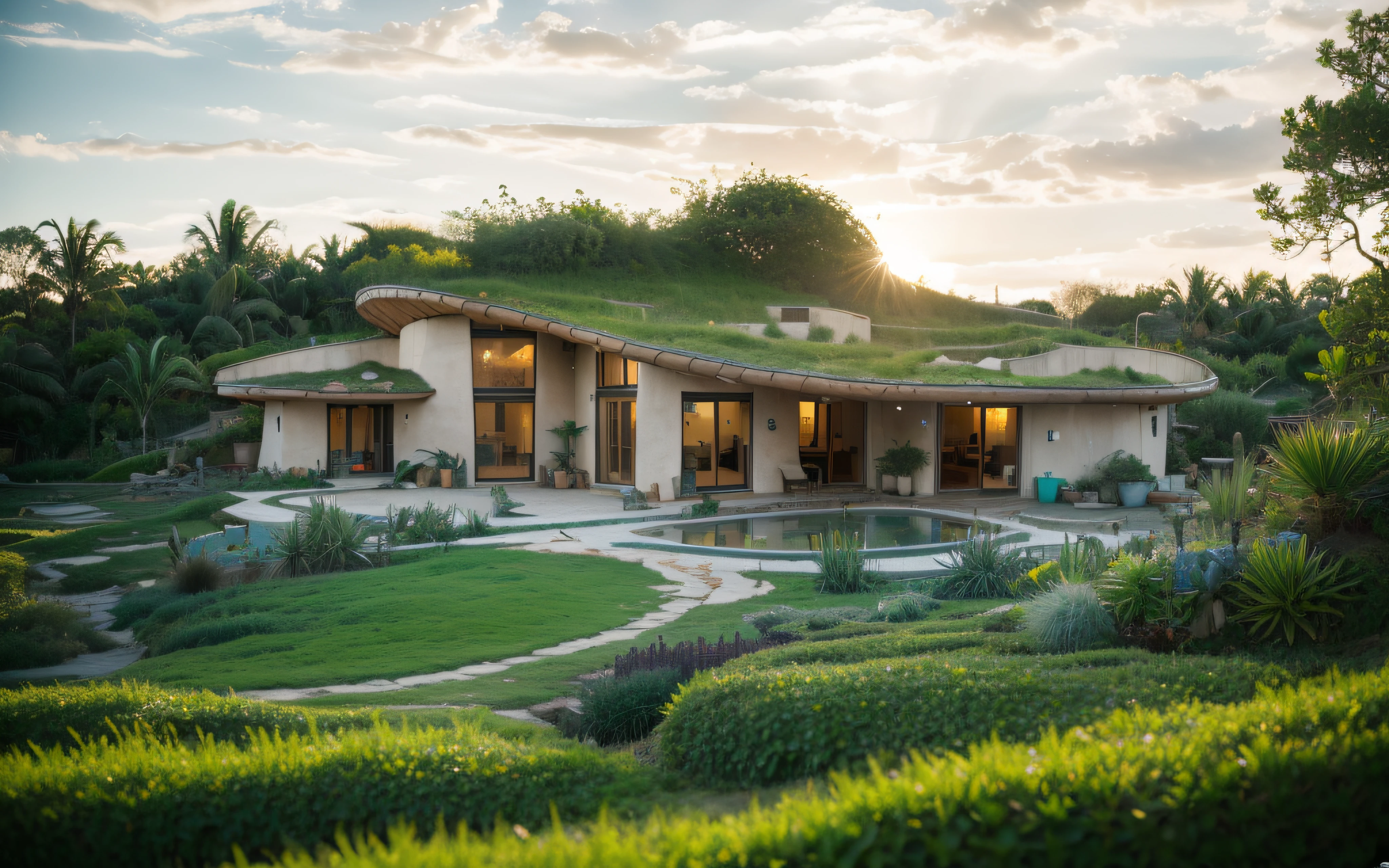 A photographyof a imposing contemporary modern sigle storey house with a organic curved angular rounded corners walls and (((greenroof:1.2))) in tropical backyard with a ((biological pool)), plaster (((rustic mud stucco terracotta))) and a (((wave shape greenroof with a wood edge))), (((wood and rake fascia roof))), eaves, porch, ((timber frame roof)), in the bali (((tropical garden))), ((rounded corners walls)), ((rustic mud plaster)), (((curved organic rounded corners walls))), (((rustic earth plaster, mud clay stucco))), natural houses, ((hadid bali hobbit style)), Organic Buildings, Organic Architecture, Ecovillage, Sustainable Architecture, Biobuilding, Solarpunk Architecture, (((Grass Roof, Green Roof, Green Wave Roof, Rounded Roof, vegetated roofs))), green architecture, Passive house, Rock Foundation, clean sky in background, Interdimensional Villa, a painful beauty, organic architecture, green house, Super Resolution, cinematic, color grading, editorial photography, photography, Photo Shoot, (((front eye top angle view dramatic))), Spring 50mm, Depth of Field, Intricate Details, Natural Colors, Sharp Focus, Warm Light, Shutter Speed 1/1000, F/22, White Balance, Ray Trace Reflections, Lumen Reflections, Screen Space Reflections, Diffraction Classification, Chromatic Aberration, GB Offset, Partial Illumination, Backlight, Natural Illumination, Sweep Lines, Ambient Occlusion, Anti-Aliasing, Shaders, OpenGL-Shaders, GLSL-Shaders, Post Processing, Post Production, The Shading, Tone Mapping, Insanely detailed and intricate, hypermaximalist, elegant, hyperrealistic, super detailed, dynamic pose, Fujifilm XT3