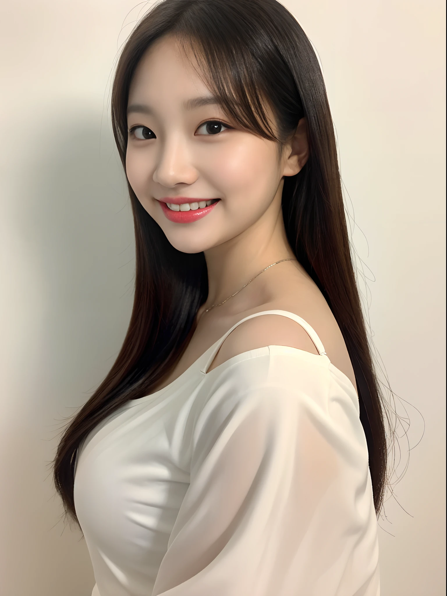 ((Top Quality, 8K, masterpiece: 1.3)), 1woman, 20yo, Korean female idols:1.5, Slender abs beauty: 1.3, (Hairstyle casual, large full breasts: 1.1), S-line body, Ultra-fine face, A detailed eye, Double eyelidd, Sorrisos, daoshi, coffee shop