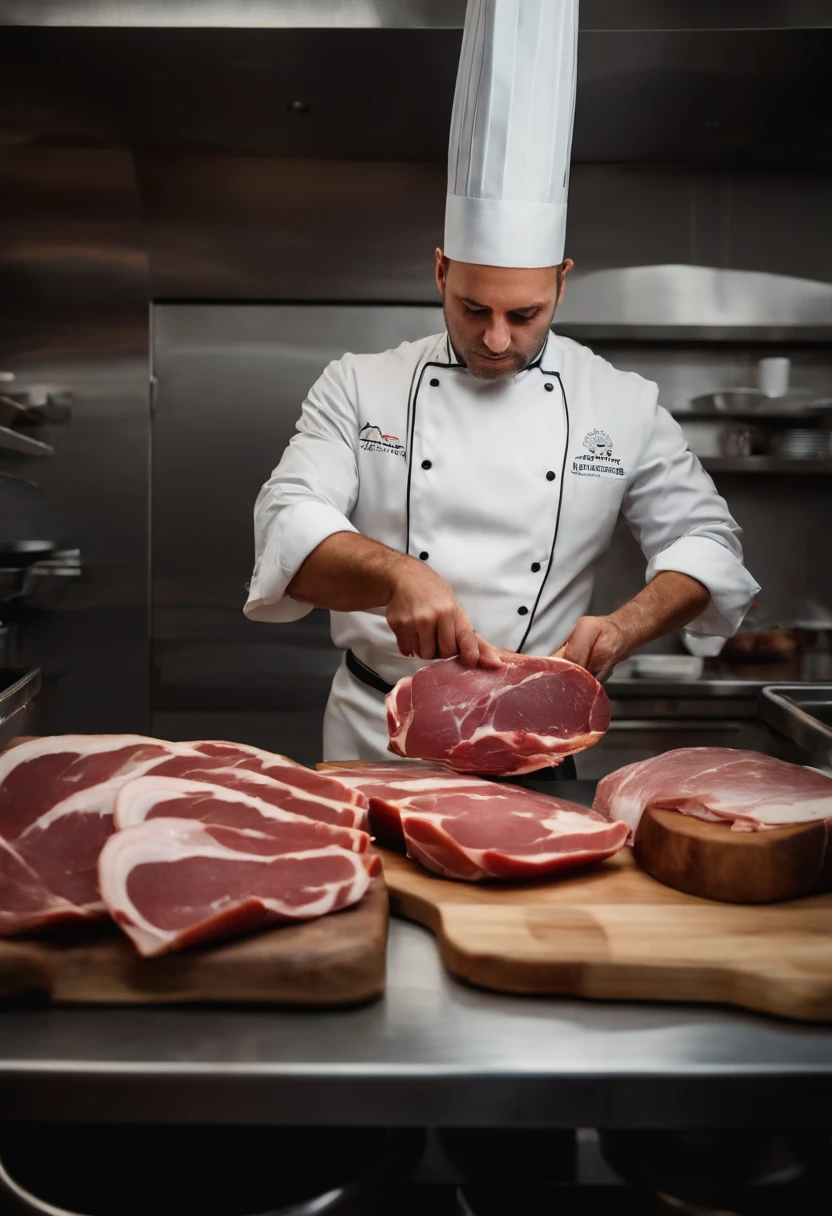 Chef cutting Spanish ham in the kitchen