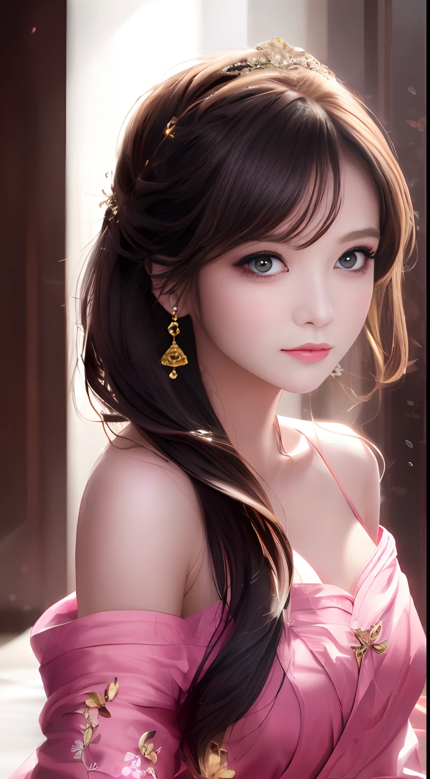 best qualtiy，tmasterpiece，A high resolution，1girll，Dingdall effect，realisticlying，edge lit，twotonelighting，（highdetailskin：1.2），8K  UHD，Pure，Sweet，Flower background，Colorful background，Based on physical rendering，Perfect light and shadow，extreme hight detail，Pink tones，Eye reflections，Raised sexy，perfect bodies，Superb beauty，largeeyes，long eyelasher，Delicate eyes，large shiny eyes，Minor pupillary reflexes，Shoulder and neck details，The pupil texture is delicate，Perfect eyes，Black pupils，best qualtiy，tmasterpiece，16k，A picture，head portrait，Bigchest，longer sleeves，Take care of your chest，Large breasts，Delicate avatar