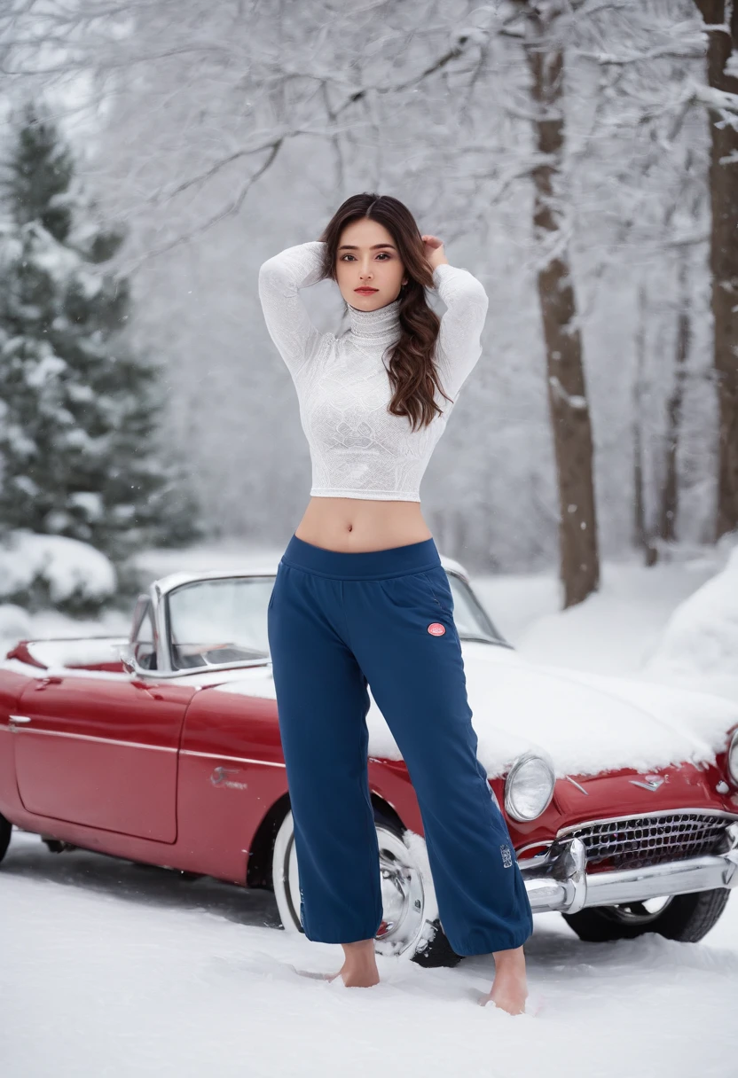 8k high definition, high detail eyes, highest quality, skin texture, masterpiece, best quality, 8k, perfect lighting, (sharp focus:1.2), 1girl, getting into a ford 250 truck, snow falling, playing in the snow, winter long white jacket, red lingerie, sexy, smiling, playing with snow