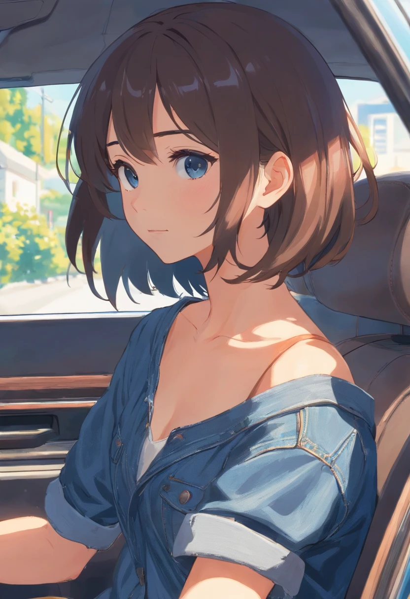 In the car, a woman in her 30s wearing denim was driving intently, Ultra-detailed image of the interior of the car, Manga style, Full-HD