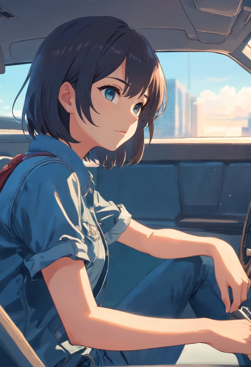 In the car, a woman in her 30s wearing denim was driving intently, Ultra-detailed image of the interior of the car, Manga style, Full-HD