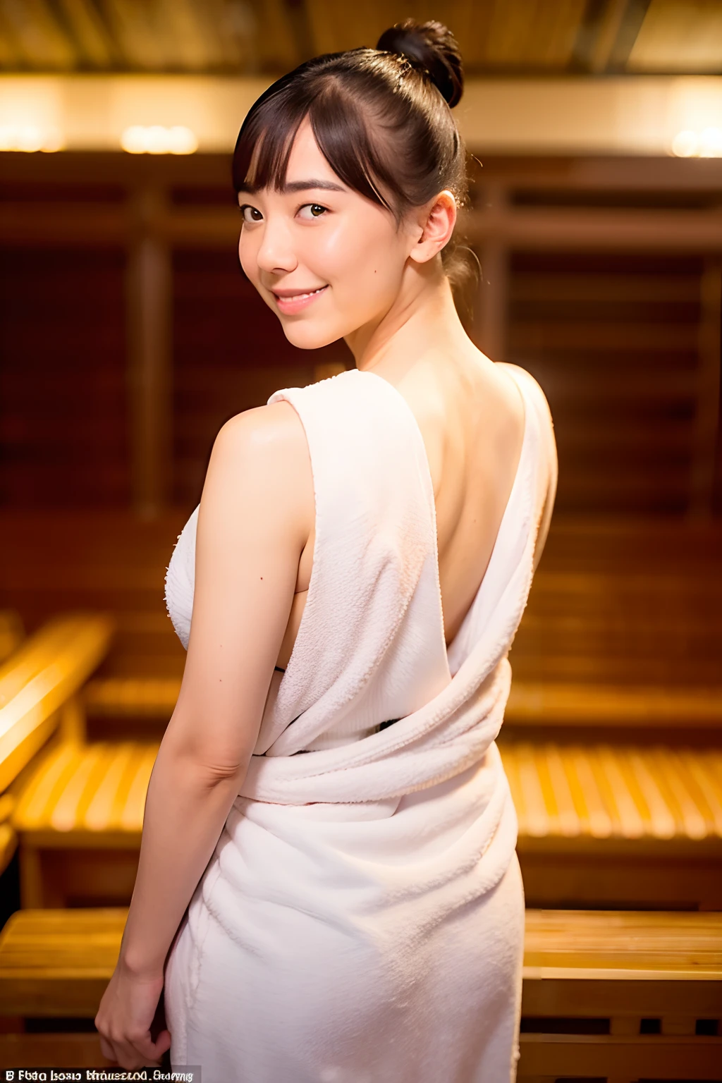 ((Best quality)), ((masterpiece)), ((photorealistic)), ((ultra high res)), (8K raw photo), 19 year old, beautiful face, white towel, cute small_breasts, happy smiling, ((Perfect Face)), brunette, full shot of a beautiful girls, detailed skin, detailed background, finely detailed, 8K  UHD, dslr, detailed fingers, skintight, some steam, cute girl, ((wrap a white thin towel around only breasts)),, 1 cute girl in a sauna, (photo of the upper body), breasts are hidden with a white thin towel, Highest quality、Anatomically correct body、