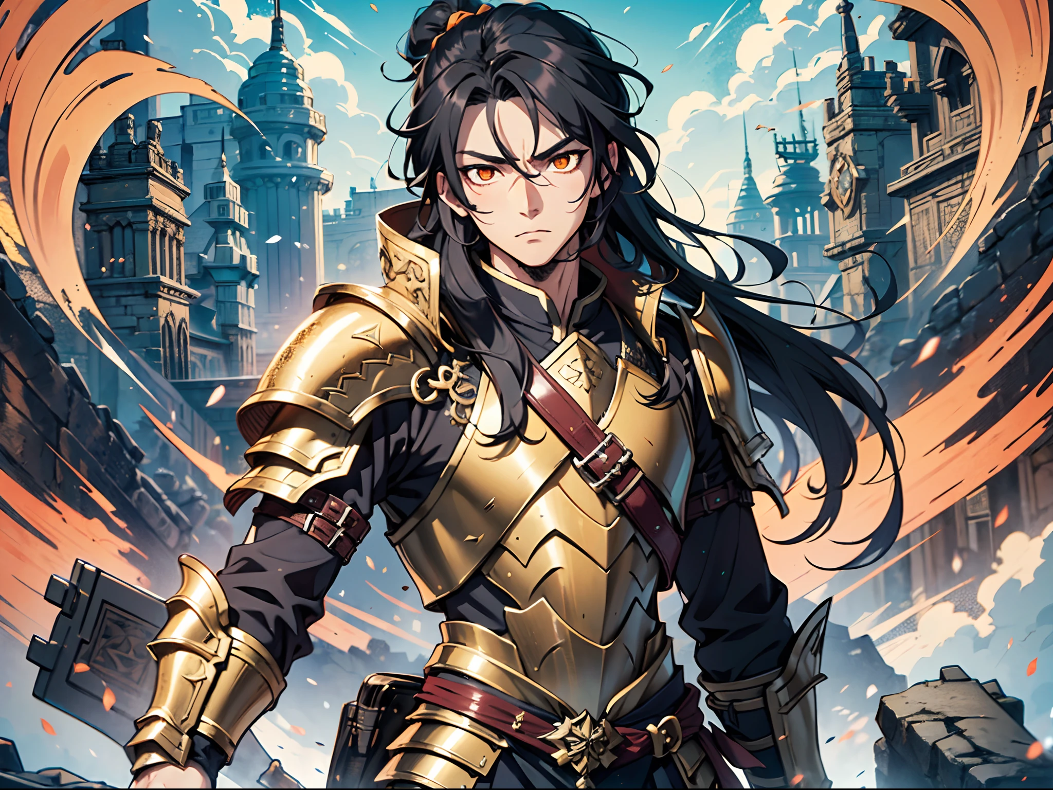Ultra High Definition, Ultra High Quality, Extremely Detailed, Perfectly Detailed, Masterpiece, 8k, 1 Boy, Look A Like Xin From Kingdom Anime, Handsome, Armored With Chinese Emperor Armor, Black And Orange Pupil Eyes, Black Long Hair Tied, Full Body Shot, Ancient Kingdom Background