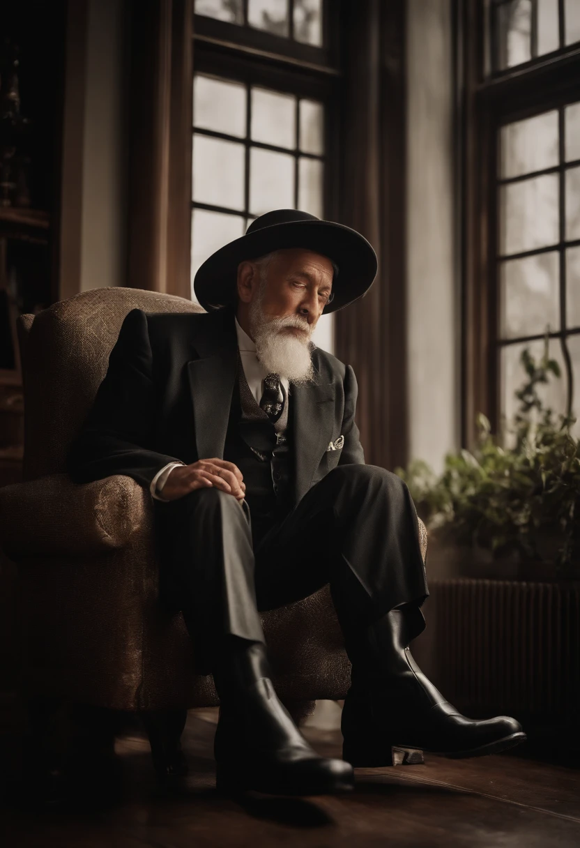 Old gentleman with a goatee，sit on chair，Eyes look at boots，Black high-gloss rain boots, 8K分辨率,Wallpaper masterpiece，Best quality，Highly meticulous，Ultra high quality，Increase brightness。