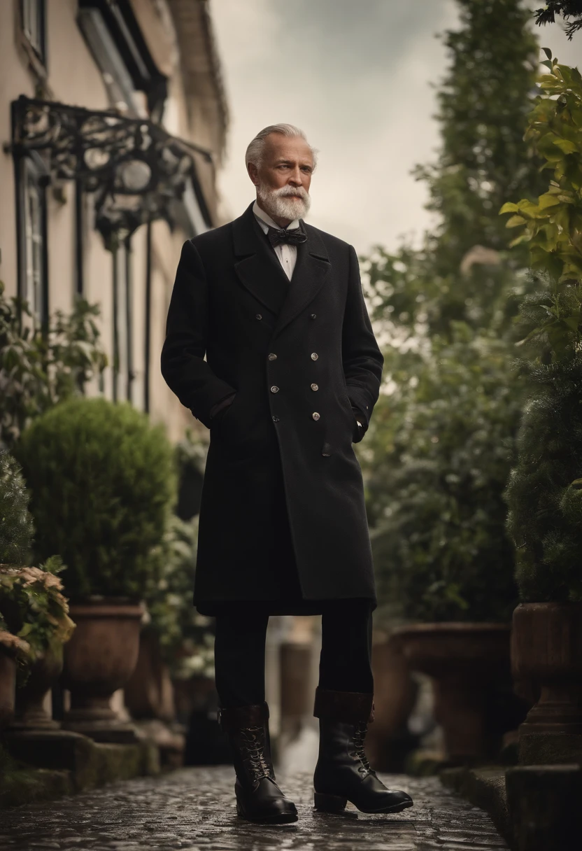 Old gentleman with a goatee，sit on chair，Eyes look at boots，Black high-gloss rain boots, 8K分辨率,Wallpaper masterpiece，Best quality，Highly meticulous，Ultra high quality，Increase brightness。
