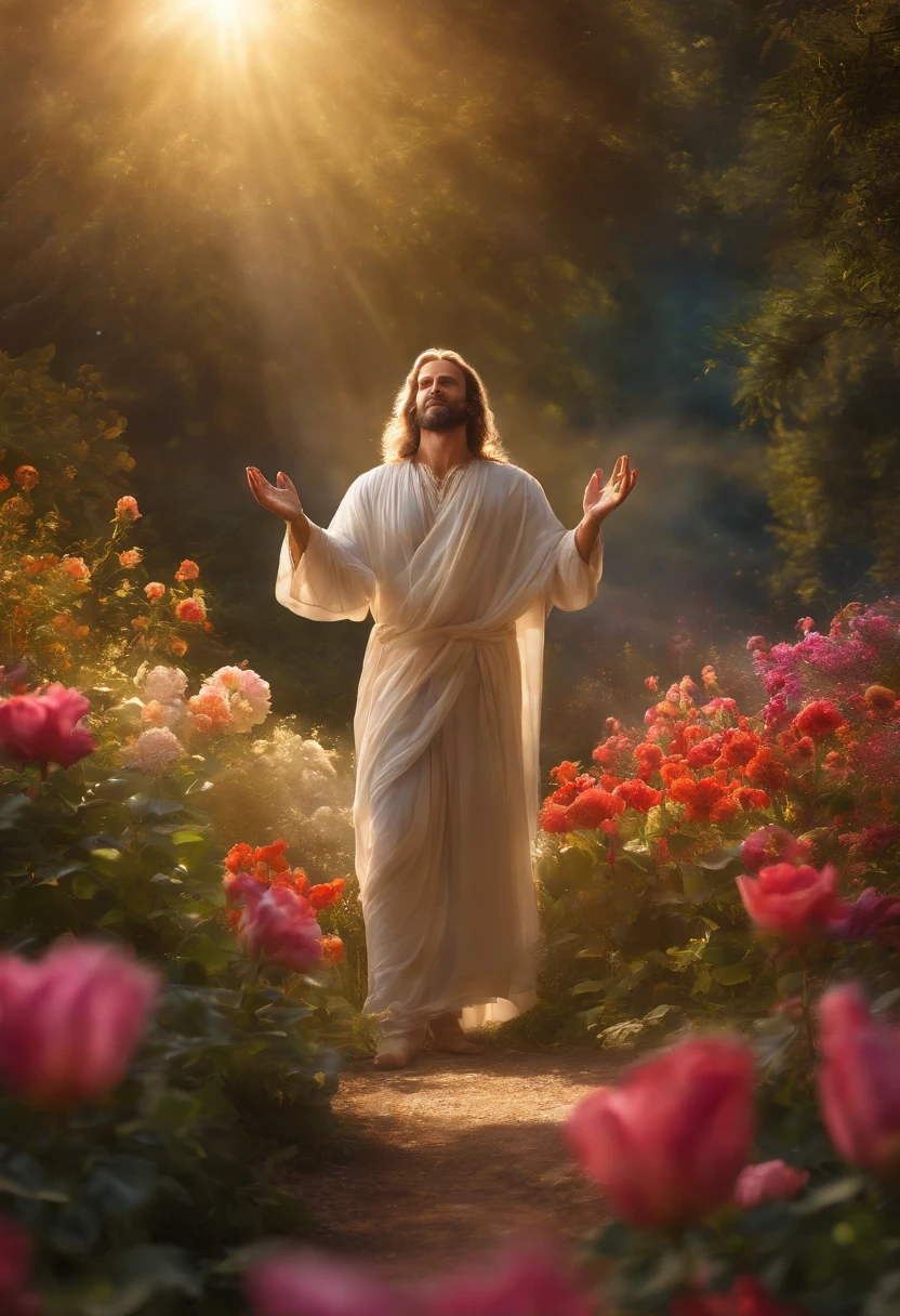 (best quality, highres:1.2, ultra-detailed, realistic:1.37), divine light shining in the sky, ethereal and radiant, the hand of God emerging from the clouds, a man praying with hands reaching towards the heavens, on his knees in a beautiful garden brimming with vibrant flowers, sunlight filtering through the branches, illuminating the scene, creating a serene atmosphere, a tranquil oasis bathed in a gentle glow, petals dancing in the wind, infused with vibrant colors, a sight that invokes a sense of awe and inspires deep contemplation.