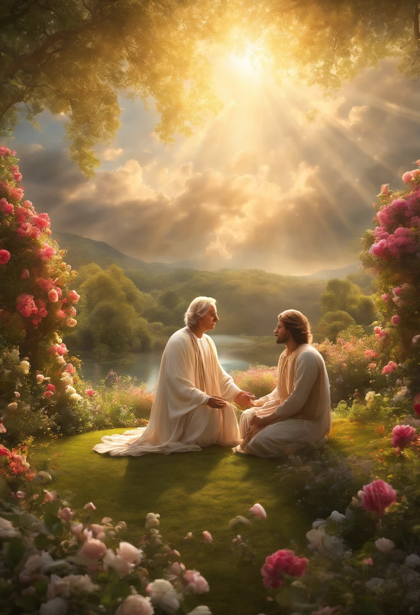 (best quality, highres:1.2, ultra-detailed, realistic:1.37), divine light shining in the sky, ethereal and radiant, the hand of God emerging from the clouds, a man praying with hands reaching towards the heavens, on his knees in a beautiful garden brimming with vibrant flowers, sunlight filtering through the branches, illuminating the scene, creating a serene atmosphere, a tranquil oasis bathed in a gentle glow, petals dancing in the wind, infused with vibrant colors, a sight that invokes a sense of awe and inspires deep contemplation.