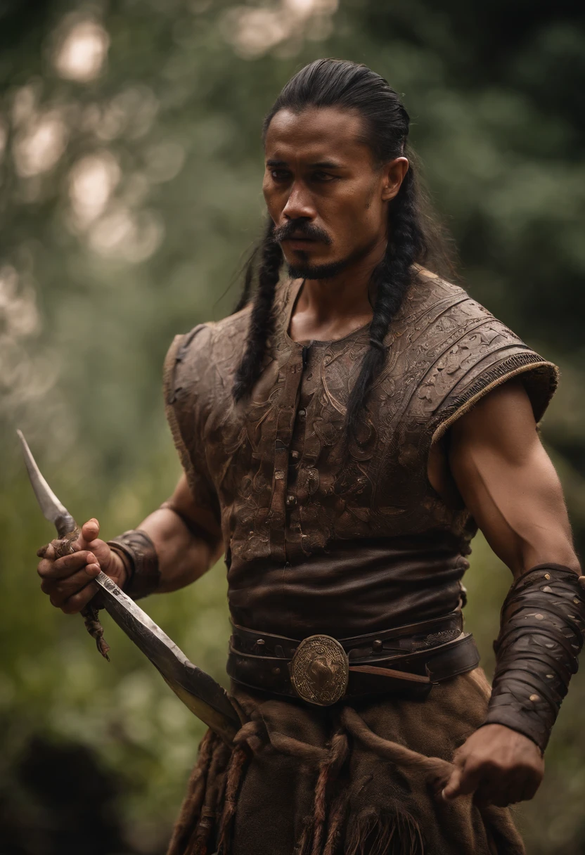 Portrait of a malay Viking warrior, hang jebat, very handsome and strong, strong and muscular, tanned and strong, dark short hair, wear tanjak, malay tradional outfit mix with viking, brave warrior, similar to actor sharnaaz ahmad, standing in front of a burning village, cliffs, close up, attack pose and attitude.