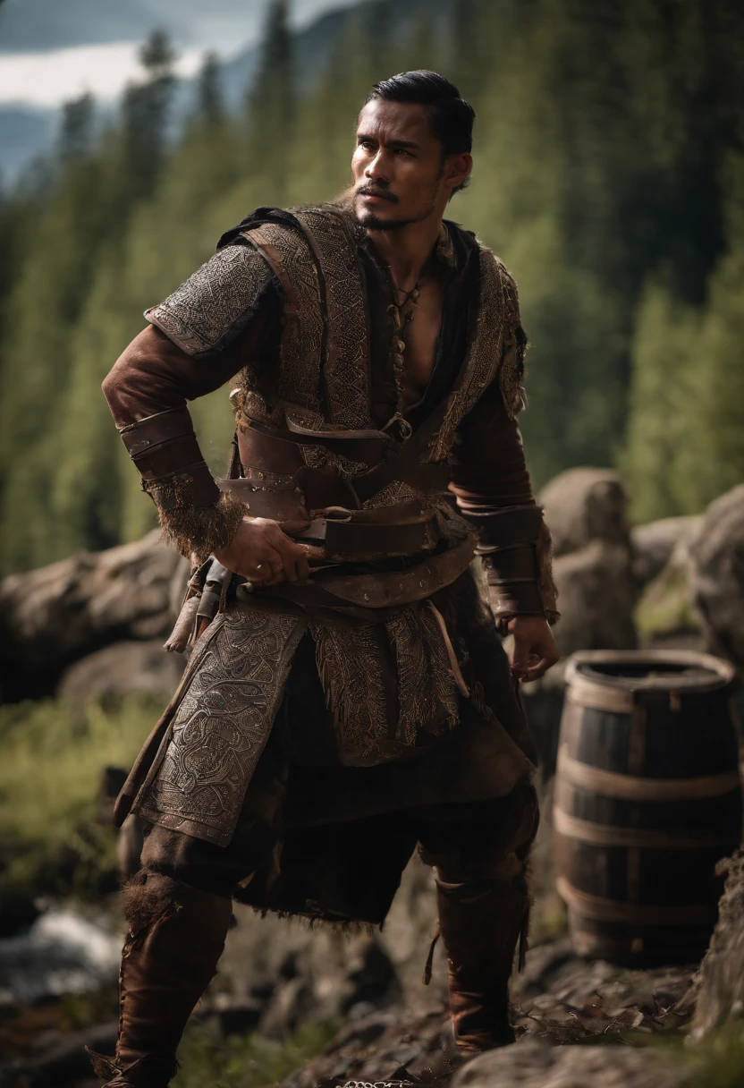 Portrait of a malay Viking warrior, hang jebat, very handsome and strong, strong and muscular, tanned and strong, dark short hair, wear tanjak, malay tradional outfit mix with viking, brave warrior, similar to actor sharnaaz ahmad, standing in front of a burning village, cliffs, close up, attack pose and attitude.