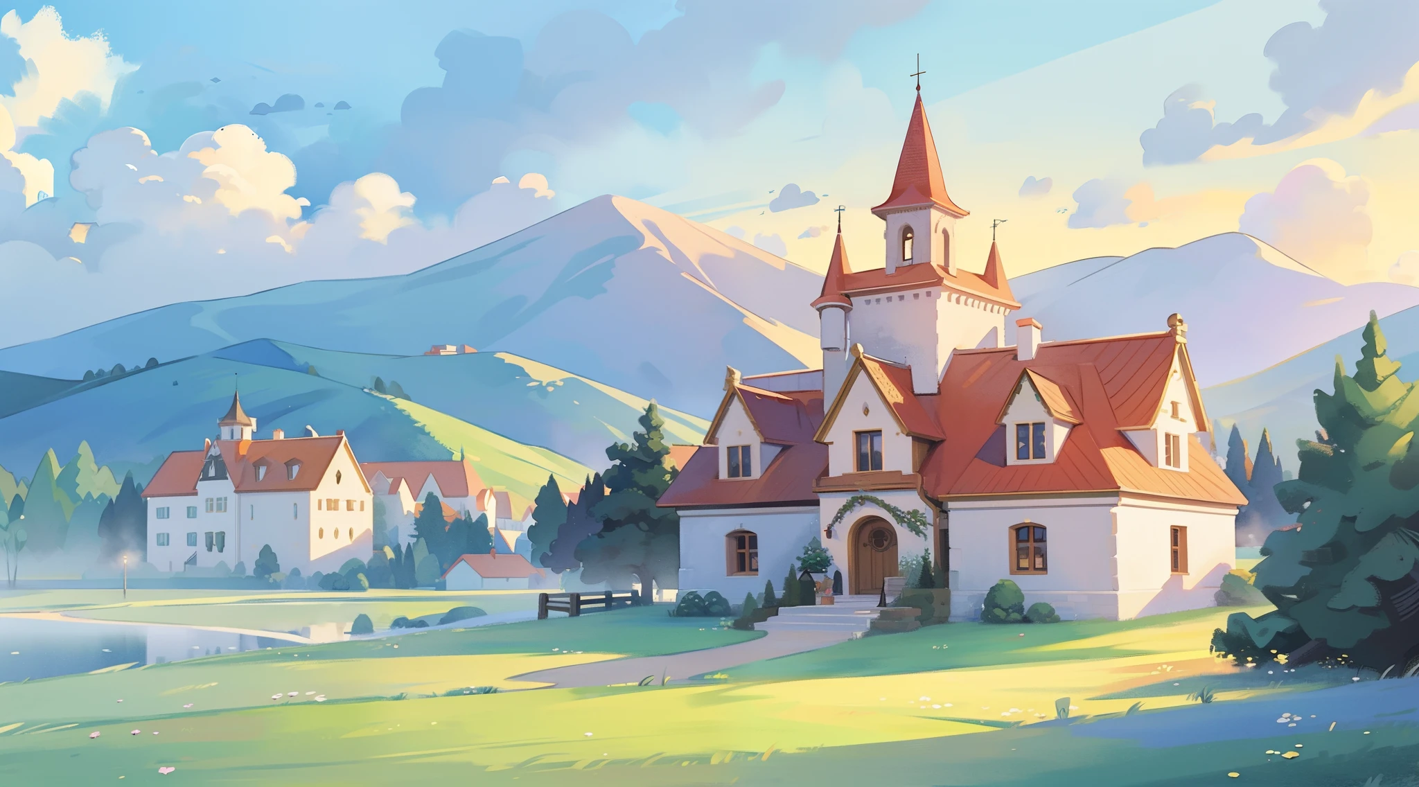 ((picture book illustration)), fantasy landscape, watercolor illustration, whimsical, warm colors, fairytale castle and village, ((princess castle)), fairytale medieval style houses, ((masterpiece)), highly detailed environment