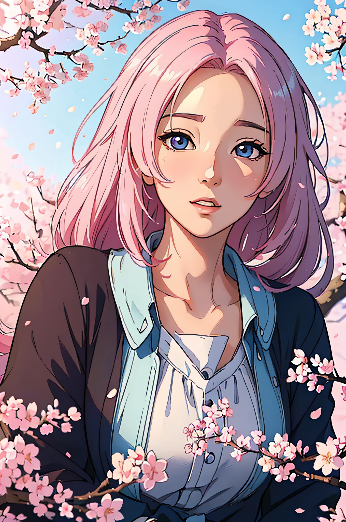 charming captivating anime character,enchanting background,presence of cherry blossom trees,detailed character design,expressive eyes flowing,"(best quality,4k,8k,highres,masterpiece:1.2),ultra-detailed,(realistic,photorealistic,photo-realistic:1.37)",soft colors,pastel tones,subtle lighting effects,vibrant and lively atmosphere