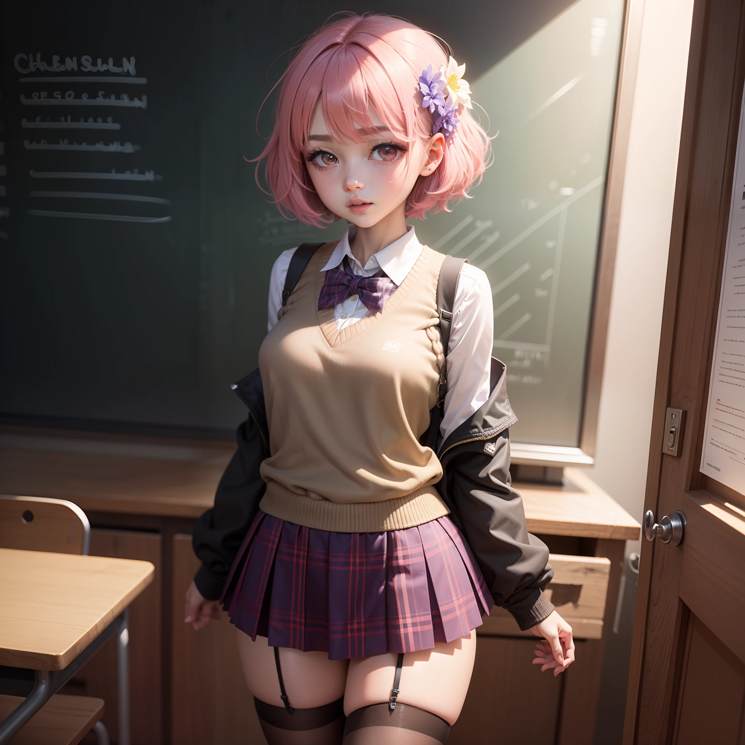 PH Momo, momohd, phmomo, Solo, 1girl in,  Pink hair, Purple eyes, Short hair, Hair Flower, Sweater Vest, School uniform, Big eyes, plaid skirts, black thighhighs,embarrassed