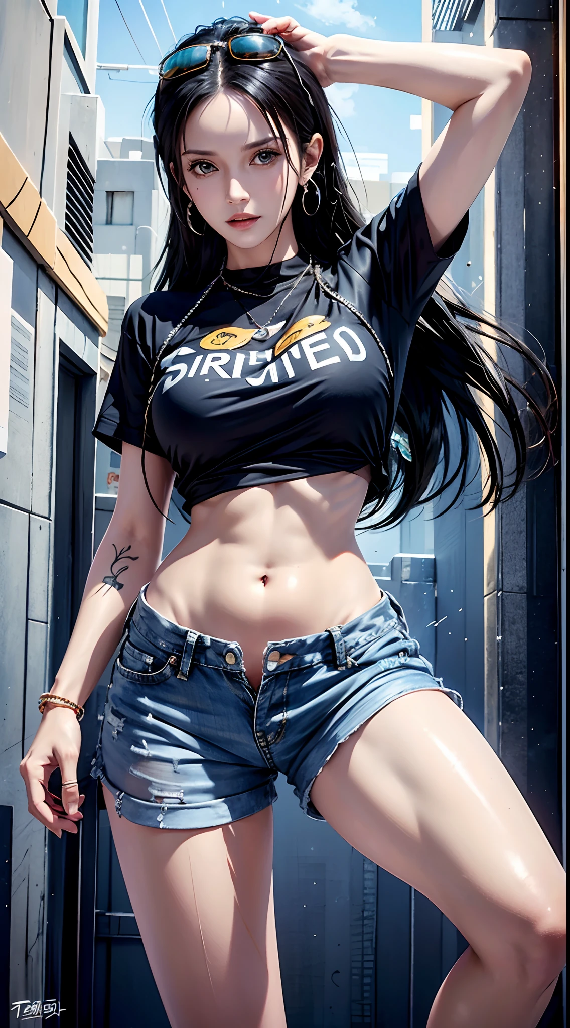 photorealistic,  high resolution,  soft light, 1women,  solo,  hips up,  dynamic pose,  shining skin,  jewelry,  tattoo, thigh,black hair,long hair,ear pendants,pearls and jewels, EdobNicoRobin, street wear, glasses on head, t-shirt, shorts