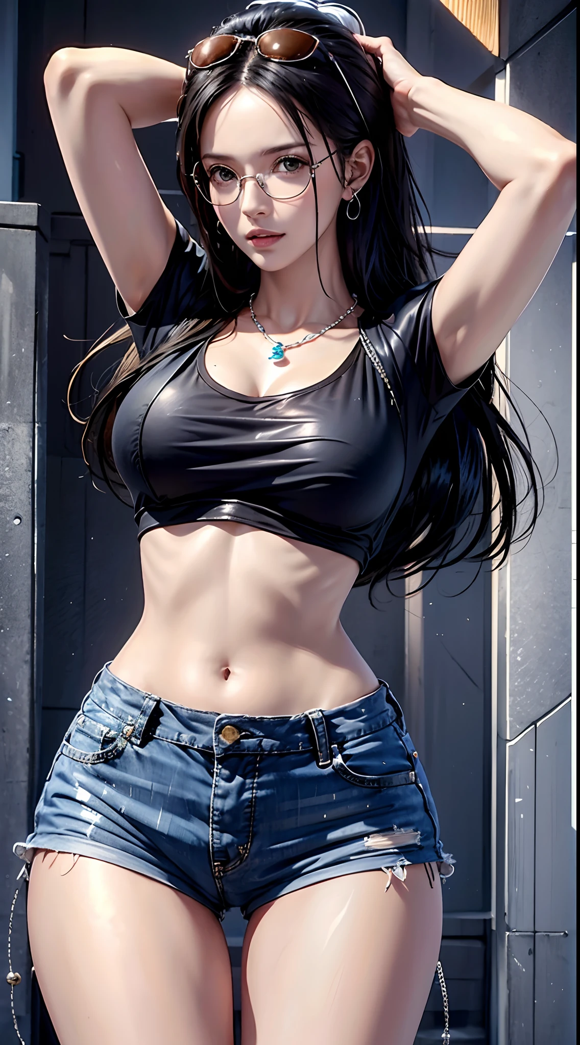 photorealistic,  high resolution,  soft light, 1women,  solo,  hips up,  dynamic pose,  shining skin,  jewelry,  tattoo, thigh,black hair,long hair,ear pendants,pearls and jewels, EdobNicoRobin, street wear, glasses on head, t-shirt, shorts