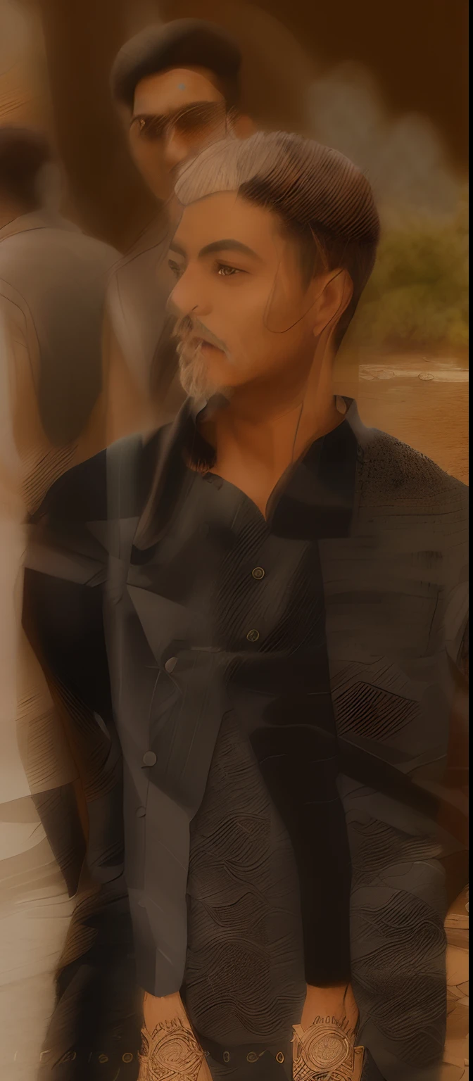 there is a man standing on a stone walkway near a body of water, wearing a watch, he is wearing a black, dressed in a jodhpuri suit, wearing a silk kurta, candid picture, taken in the early 2020s, wearing a kurta, wearing presidential band, handsome man, wears a watch, very very low quality picture