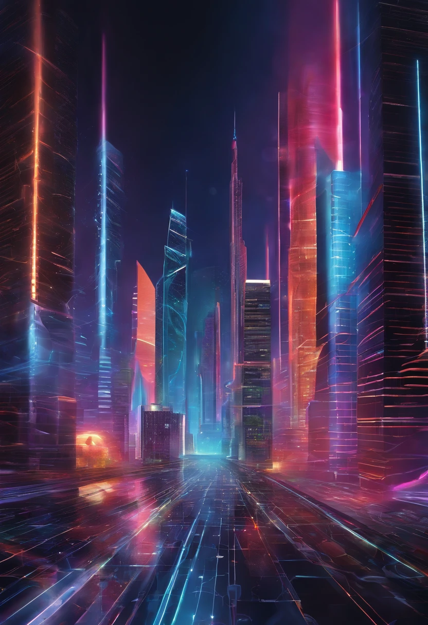 A cyber landscape painting with towering skyscrapers, interwoven power lines and fiber optic cables, and giant LED screens. Use bright and vibrant colors to create a sense of dynamism and modernity.
Add details such as neon lights, LED lights, and special effects to create a cyber atmosphere.Use vibrant shapes and colors to create a sense of dynamism and excitement.
Add details such as computer code, bits, and bytes, to symbolize the digital world.