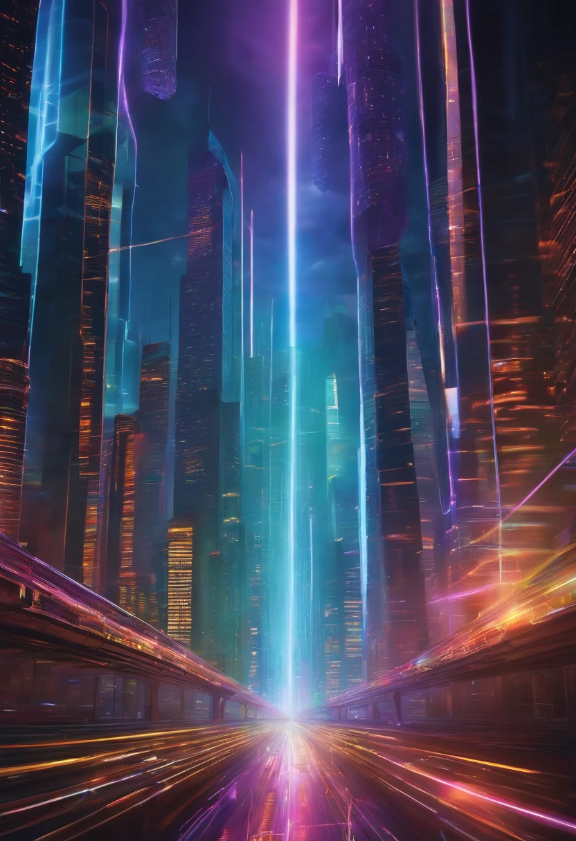 A cyber landscape painting with towering skyscrapers, interwoven power lines and fiber optic cables, and giant LED screens. Use bright and vibrant colors to create a sense of dynamism and modernity.
Add details such as neon lights, LED lights, and special effects to create a cyber atmosphere.Use vibrant shapes and colors to create a sense of dynamism and excitement.
Add details such as computer code, bits, and bytes, to symbolize the digital world.