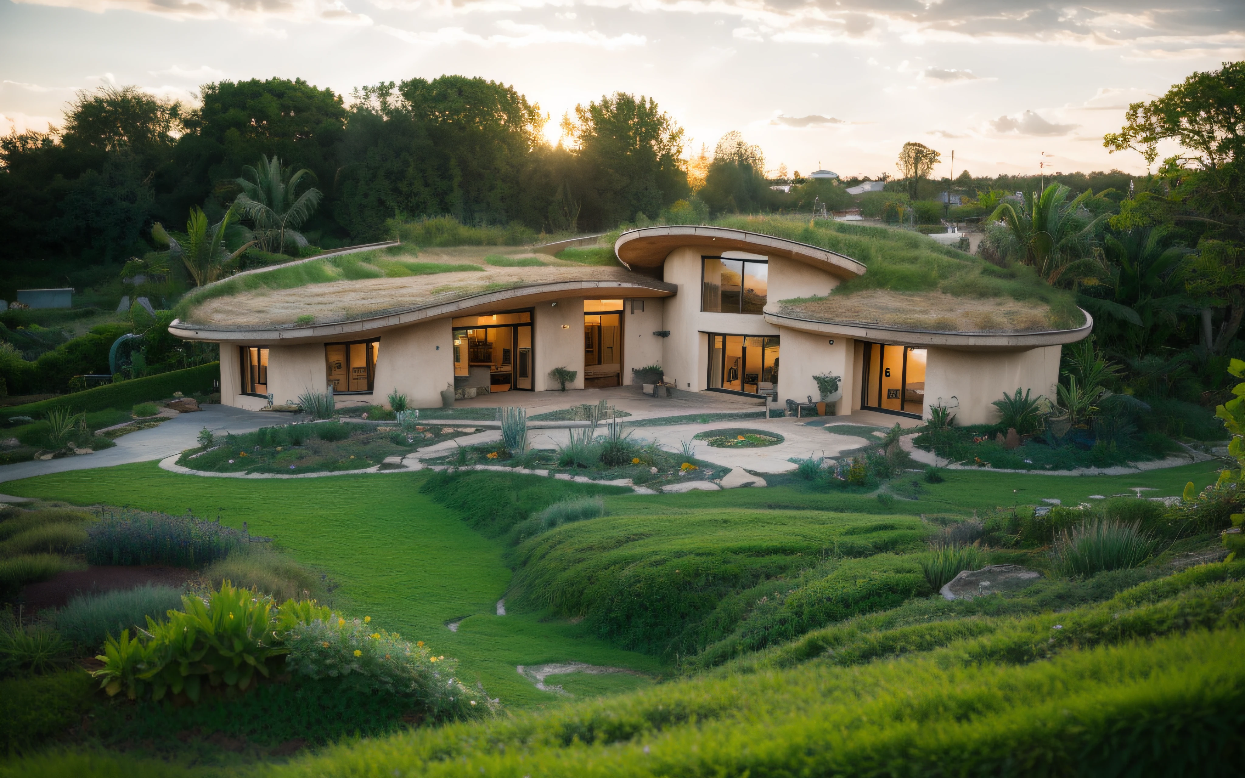 A photographyof a imposing contemporary modern sigle storey house with a organic curved angular rounded corners walls and (((greenroof:1.2))) in tropical backyard with a ((biological pool)), plaster (((rustic mud stucco terracotta))) and a (((wave shape greenroof with a wood edge))), (((wood and rake fascia roof))), eaves, porch, ((timber frame roof)), in the bali (((tropical garden))), ((rounded corners walls)), ((rustic mud plaster)), (((curved organic rounded corners walls))), (((rustic earth plaster, mud clay stucco))), natural houses, ((hadid bali hobbit style)), Organic Buildings, Organic Architecture, Ecovillage, Sustainable Architecture, Biobuilding, Solarpunk Architecture, (((Grass Roof, Green Roof, Green Wave Roof, Rounded Roof, vegetated roofs))), green architecture, Passive house, Rock Foundation, clean sky in background, Interdimensional Villa, a painful beauty, organic architecture, green house, Super Resolution, cinematic, color grading, editorial photography, photography, Photo Shoot, (((front eye top angle view dramatic))), Spring 50mm, Depth of Field, Intricate Details, Natural Colors, Sharp Focus, Warm Light, Shutter Speed 1/1000, F/22, White Balance, Ray Trace Reflections, Lumen Reflections, Screen Space Reflections, Diffraction Classification, Chromatic Aberration, GB Offset, Partial Illumination, Backlight, Natural Illumination, Sweep Lines, Ambient Occlusion, Anti-Aliasing, Shaders, OpenGL-Shaders, GLSL-Shaders, Post Processing, Post Production, The Shading, Tone Mapping, Insanely detailed and intricate, hypermaximalist, elegant, hyperrealistic, super detailed, dynamic pose, Fujifilm XT3