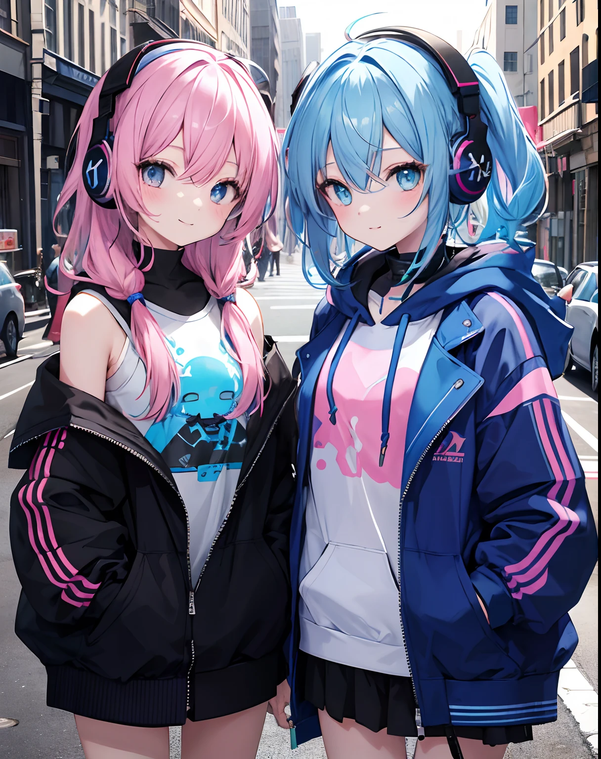 masterpiece, 2 girls(twin) happy face, long messy blue and pink hair, futuristic glowing headphone, solo, hoodie, off shoulder, street, black cool jacket