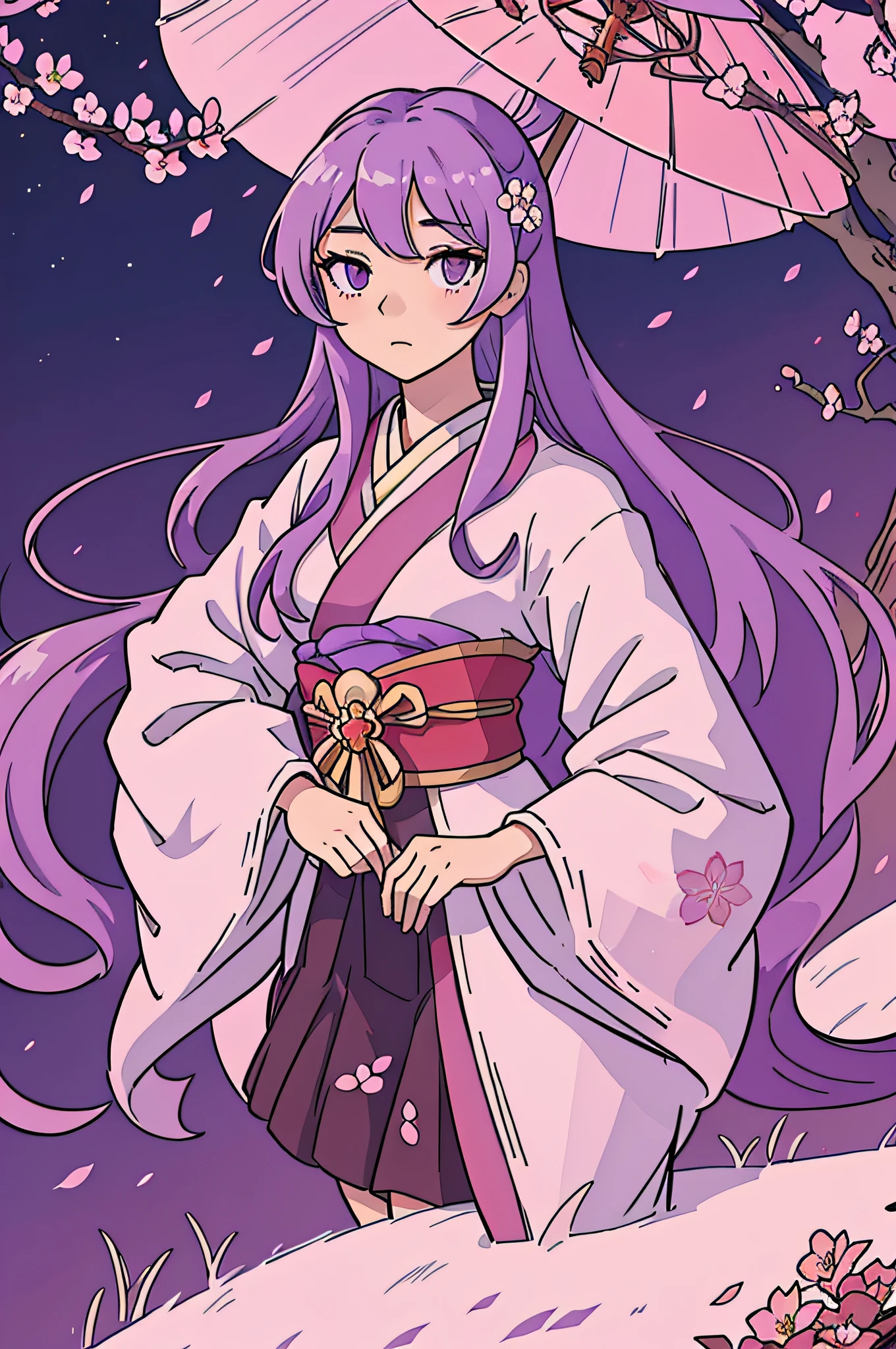 Generate an aesthetically pleasing anime character set against a beautifully detailed background. The character should be a young, elegant, and mysterious female with long flowing hair, dressed in a traditional kimono adorned with intricate floral patterns. She should have striking amethyst-colored eyes and an air of elegance. The background should be a serene, moonlit garden with cherry blossom trees in full bloom, casting delicate pink petals that gently fall to the ground. The scene should evoke a sense of tranquility and beauty.