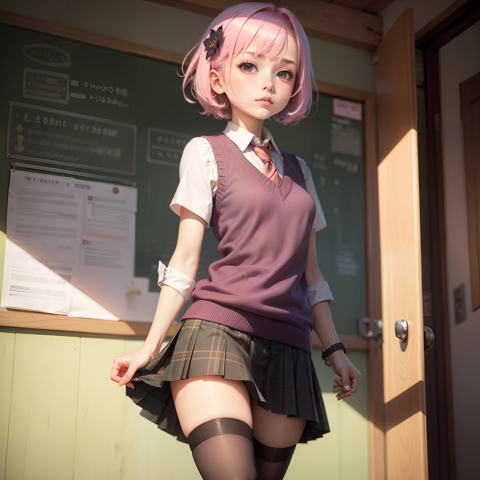astolfo, Beautiful and slim perfect body, really spiky messy hair, short pink hair ,lock of white hair on left side, happy, smiling, blushing, thick lips, full lips, flat chest, Pectorals, not breasts, very thin body, open button-up shirt, shirt tied pectorals, midriff, choker, tiny micro pleated miniskirt, skirt barely covering panties, small bulge, thigh high stockings, high heeled sandals, perfect anatomy, classroom background, ultra-detailed, 4k, 8k, best quality, masterpiece, model, modeling, posing for camera, detailed background