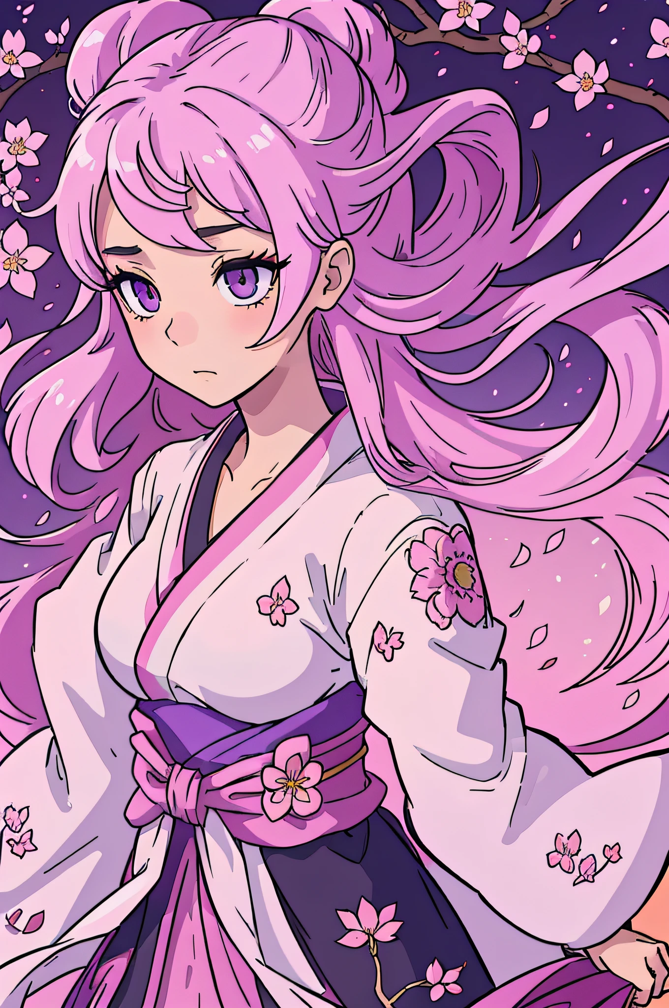 Generate an aesthetically pleasing anime character set against a beautifully detailed background. The character should be a young, elegant, and mysterious female with long flowing hair, dressed in a traditional kimono adorned with intricate floral patterns. She should have striking amethyst-colored eyes and an air of elegance. The background should be a serene, moonlit garden with cherry blossom trees in full bloom, casting delicate pink petals that gently fall to the ground. The scene should evoke a sense of tranquility and beauty.