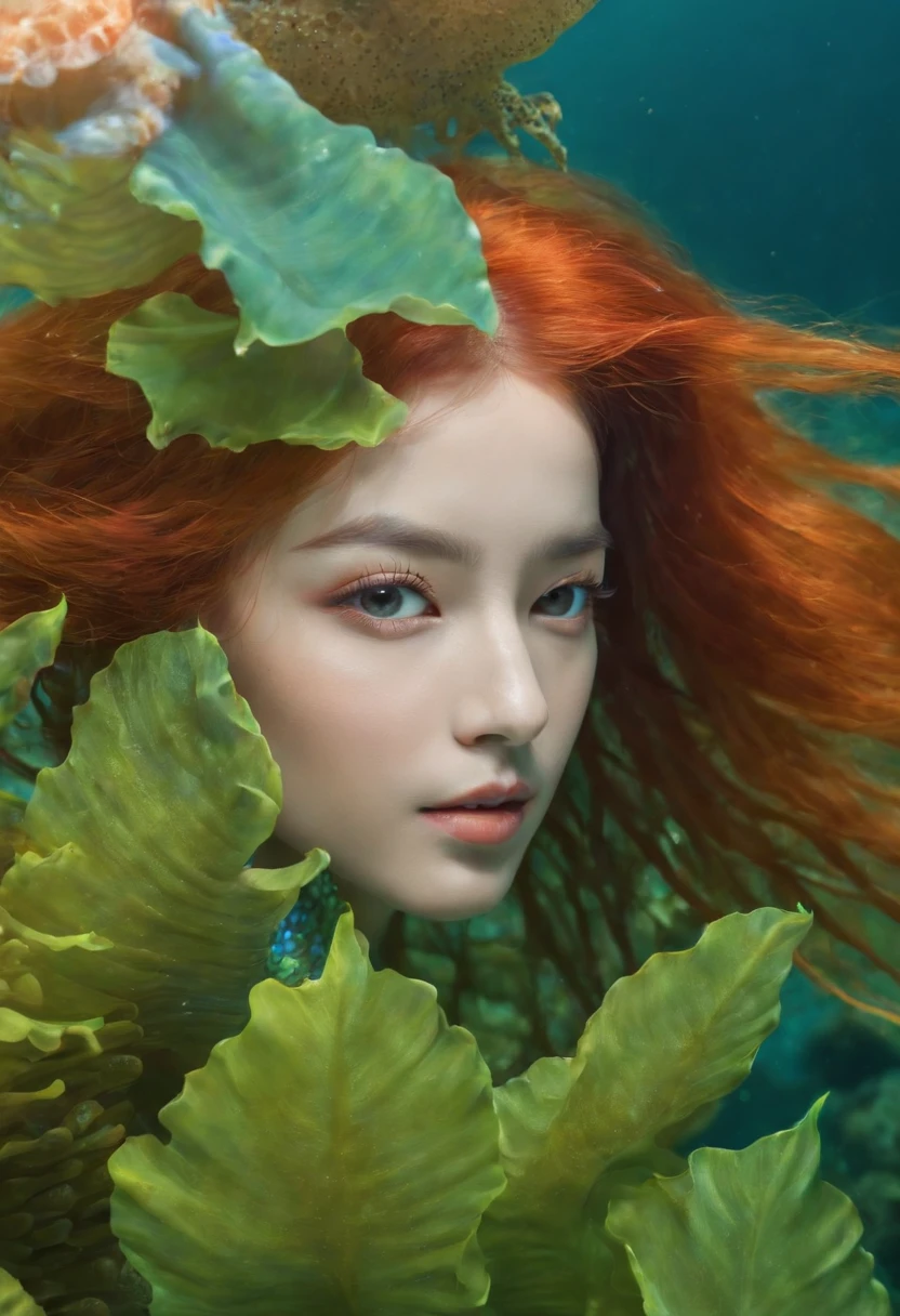 The male,full bodyesbian,mermaids(Mermaid),Beautiful fish tail(mermaid tail),The tail has colorful spirit pieces on it.Clear spirit pieces(colorful scales),Best quality,Masterpiece,ocean floor,yellow eyes,Green hair,Sparkling,Conceptual art of marine life, Undersea landscape, Marine life,Beautiful coral reefs come in different shapes,,Shine on the face,Front close-up,Highly detailed facial features, beautiful and flawless face,There was a faint spirit piece on his face, Perfect eyes,full body detailing,There are many colorful fish swimming around,The mystery and beauty of the ocean, The painting depicts an underwater world full of life and vitality, Animated art wallpaper 8 K