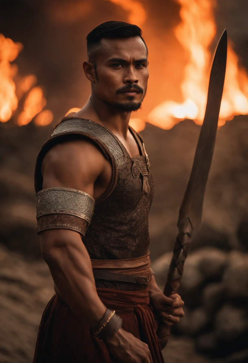 Portrait of a malay Viking warrior, hang jebat, very handsome and strong, strong and muscular, tanned and strong, dark short hair, wear tanjak, malay tradional outfit mix with viking, brave warrior, similar to actor sharnaaz ahmad, standing in front of a burning village, cliffs, close up, attack pose and attitude.