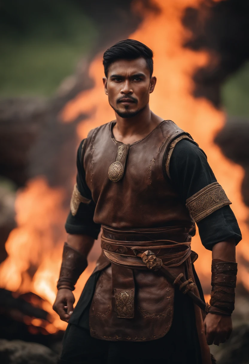 Portrait of a malay Viking warrior, hang jebat, very handsome and strong, strong and muscular, tanned and strong, dark short hair, wear tanjak, malay tradional outfit mix with viking, brave warrior, similar to actor sharnaaz ahmad, standing in front of a burning village, cliffs, close up, attack pose and attitude.