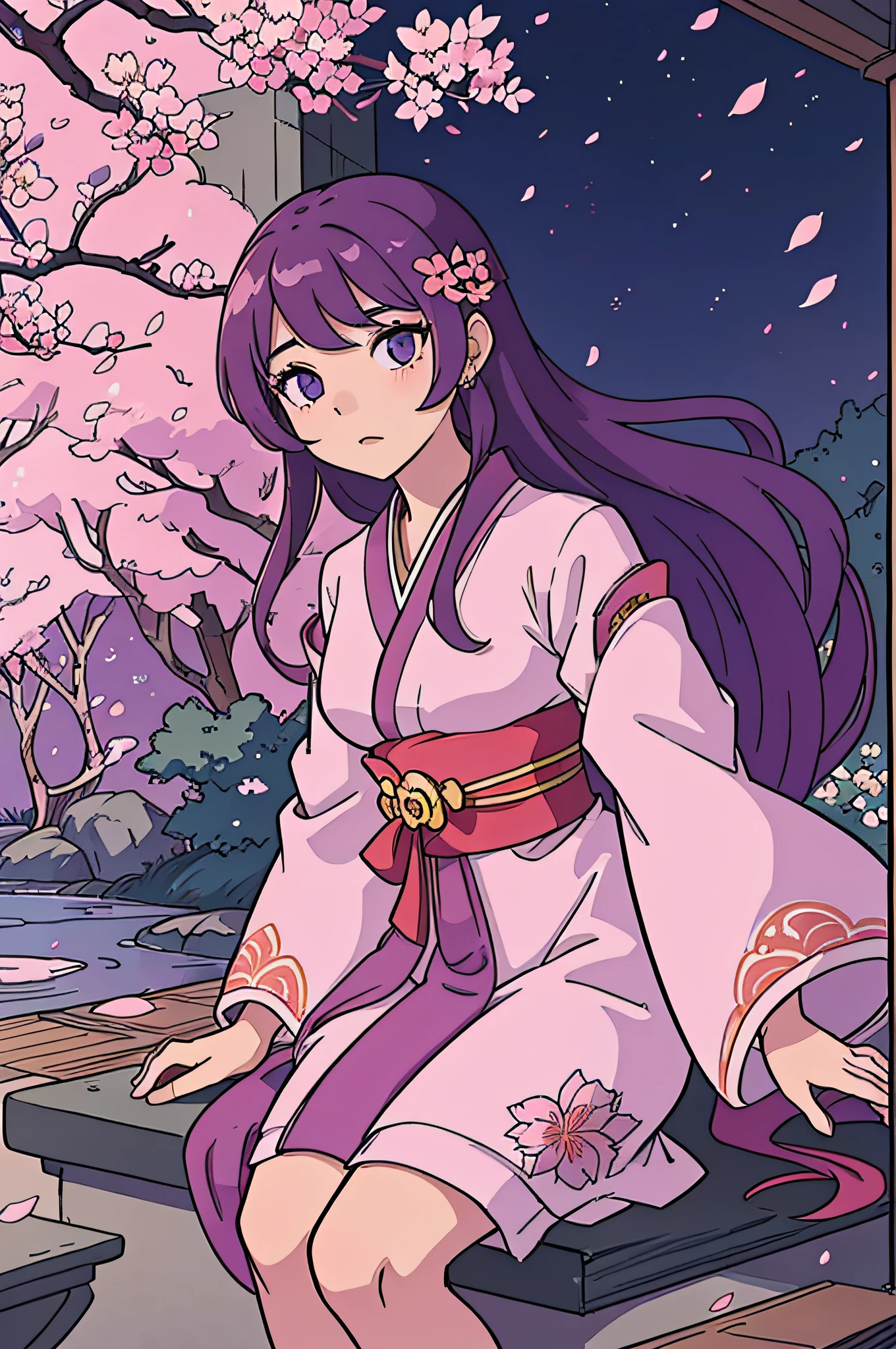 Generate an aesthetically pleasing anime character set against a beautifully detailed background. The character should be a young, elegant, and mysterious female with long flowing hair, dressed in a traditional kimono adorned with intricate floral patterns. She should have striking amethyst-colored eyes and an air of elegance. The background should be a serene, moonlit garden with cherry blossom trees in full bloom, casting delicate pink petals that gently fall to the ground. The scene should evoke a sense of tranquility and beauty.