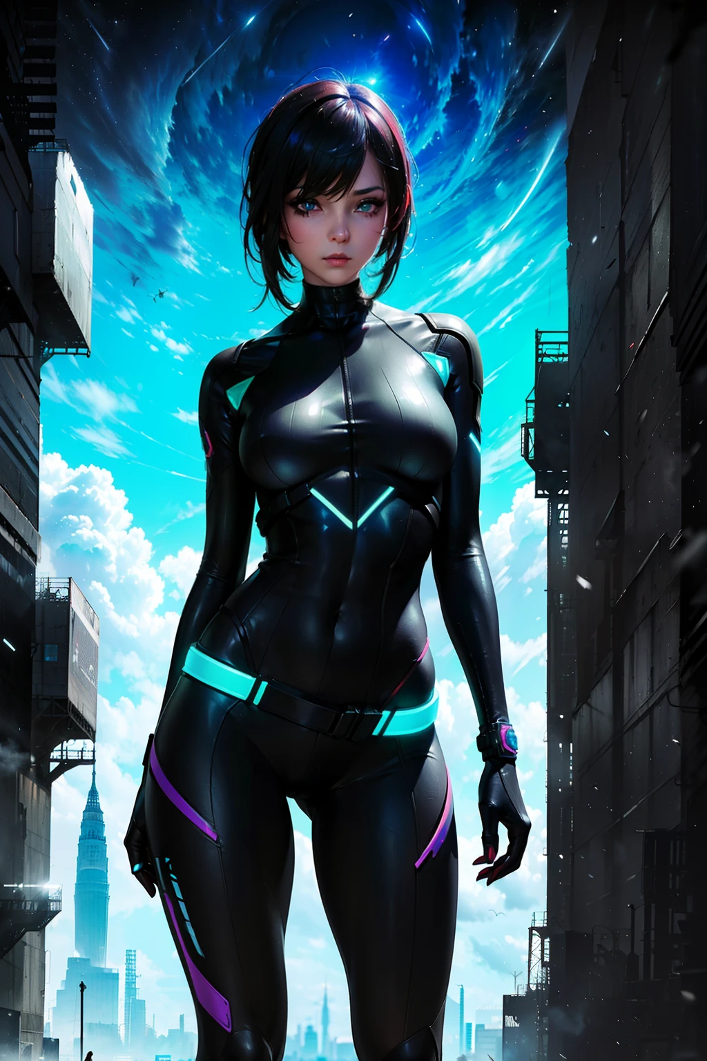 (((from face to the waist:1. 3)), (((beauty slim shape)))) best quality, hyperrealistic masterpiece, astonish anime beauty tight cyberpunk suit superheroine girl, portrait photorealist, perfect and realist skin, glowing sharp vivid colors eyes, HDR, 4k