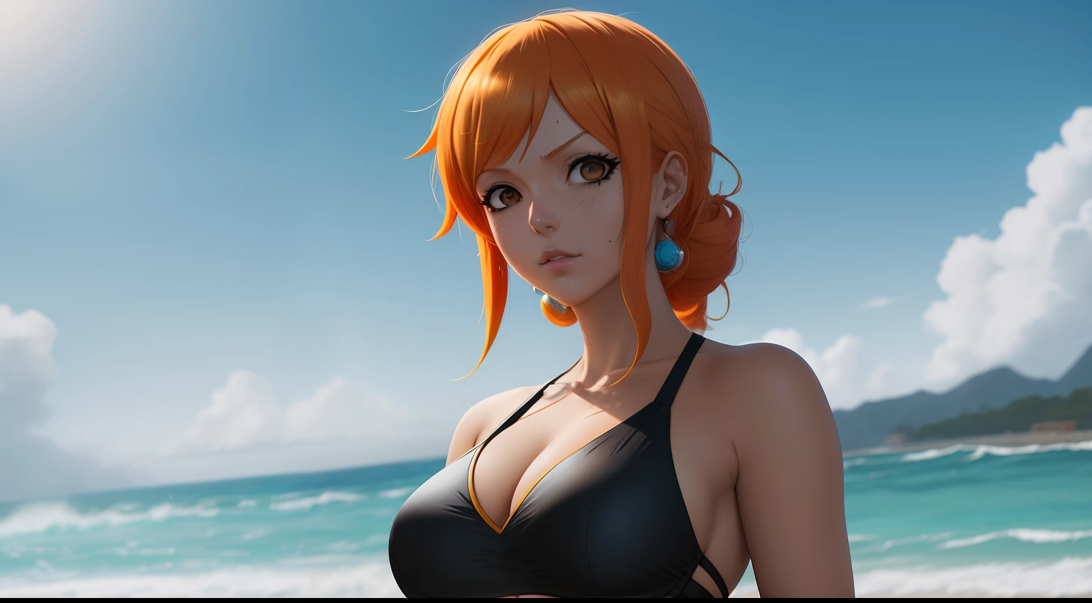 nami, one piece, menina bonita, em um navio pirata, retrato de meio corpo, cabelo curto laranja brilhante desgrenhado, sombra preta, (street style wear: 1.2), (fundo de oceano: 1.2), maquiagem escura, arte digital, trending in artstation, altamente detalhado, detalhe fino, intrincado, brilho detalhado bonito, detalhado, cinematiclight, destaques, detailedfacialfeatures, foco nítido, suave, esthetic,