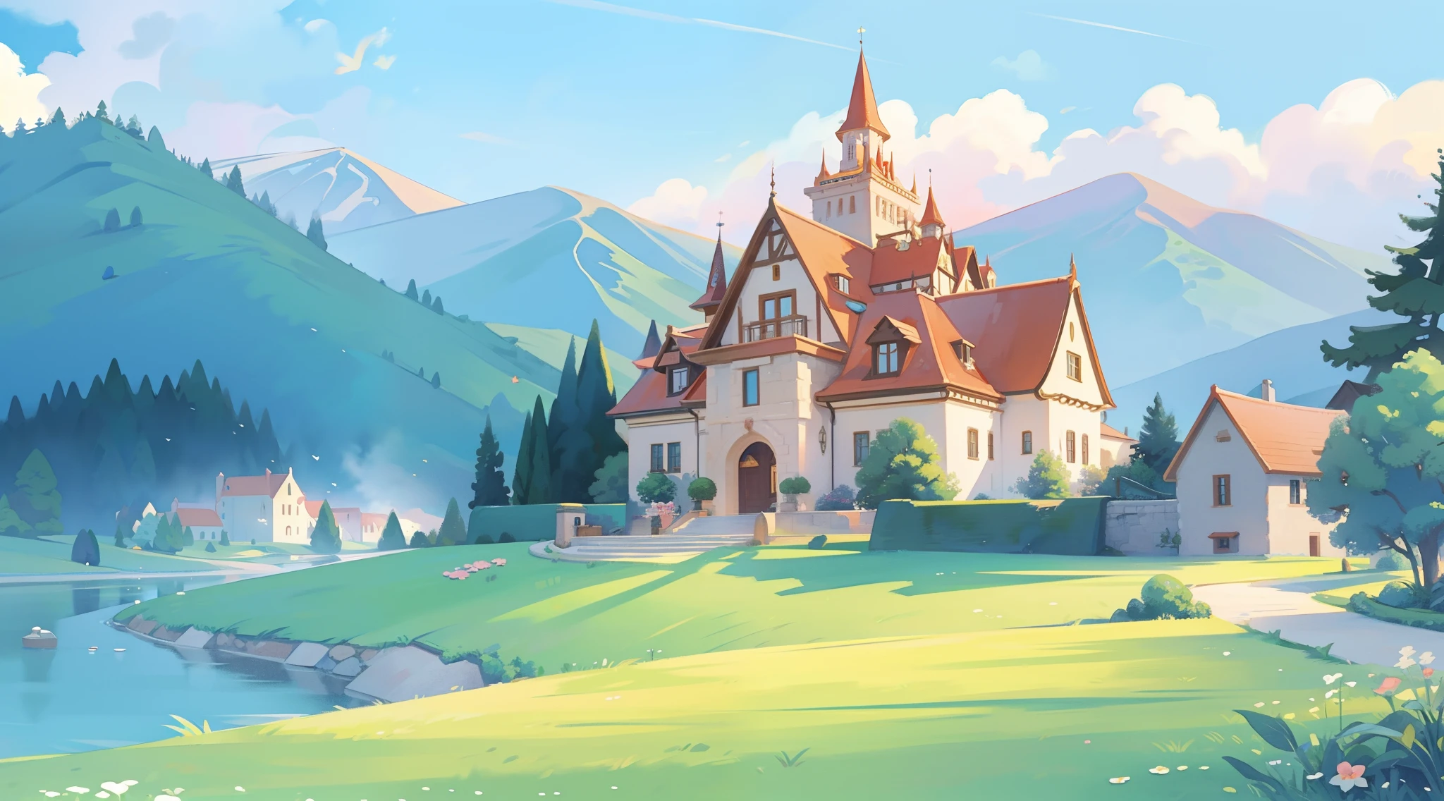 ((picture book illustration)), fantasy landscape, watercolor illustration, whimsical, warm colors, fairytale castle and village, ((princess castle)), fairytale medieval style houses, ((masterpiece)), highly detailed environment