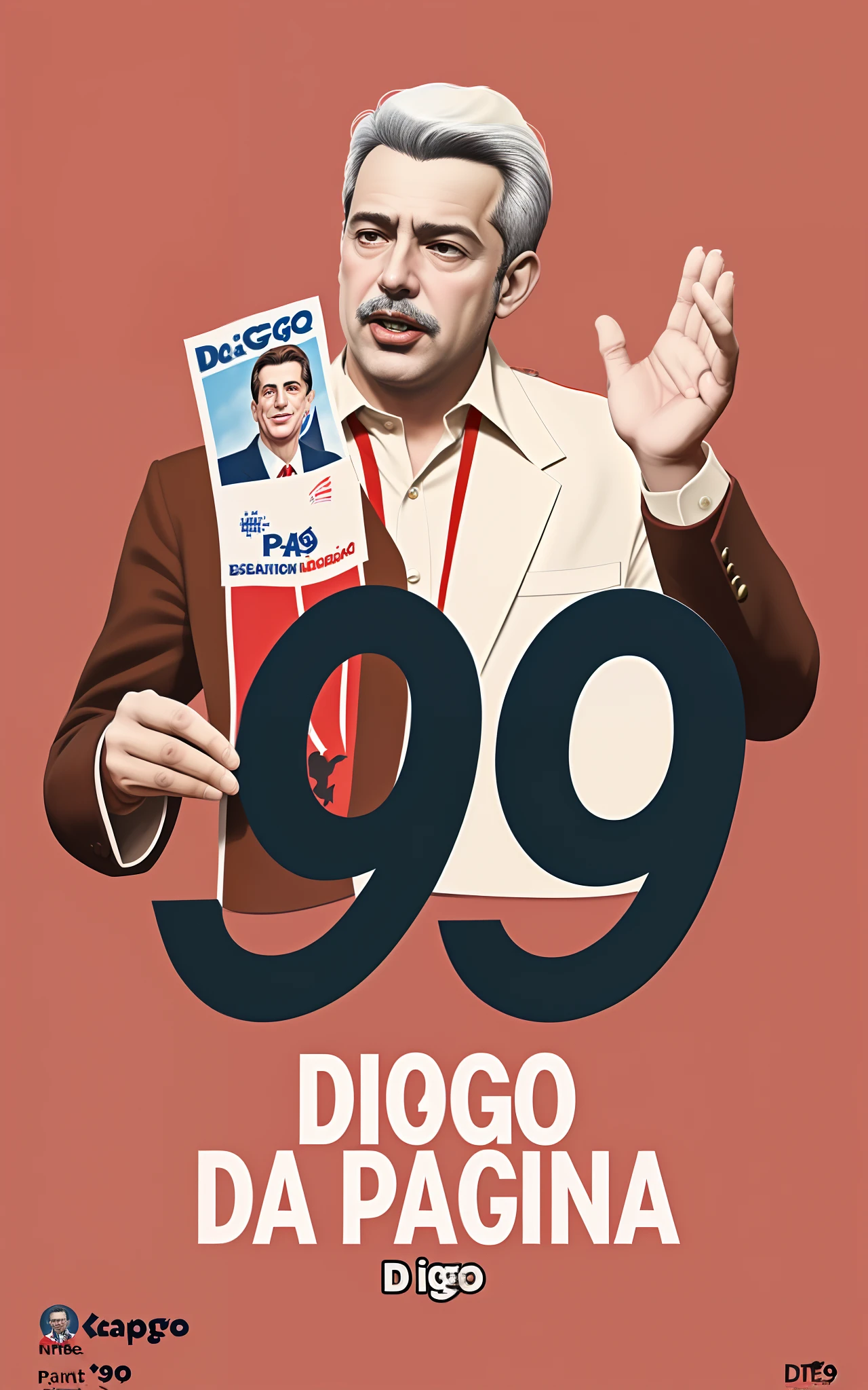 "create a political propaganda pamphlet for a candidate called: DIOGO DA PÁGINA with the party's acronym written: MF and the number 99 written in the background. Arte para campanhas eleitorais, politica, candidatos a vereador, Propaganda eleitoral. Nome escrito com destaque: Diogo da Page." Tipografia