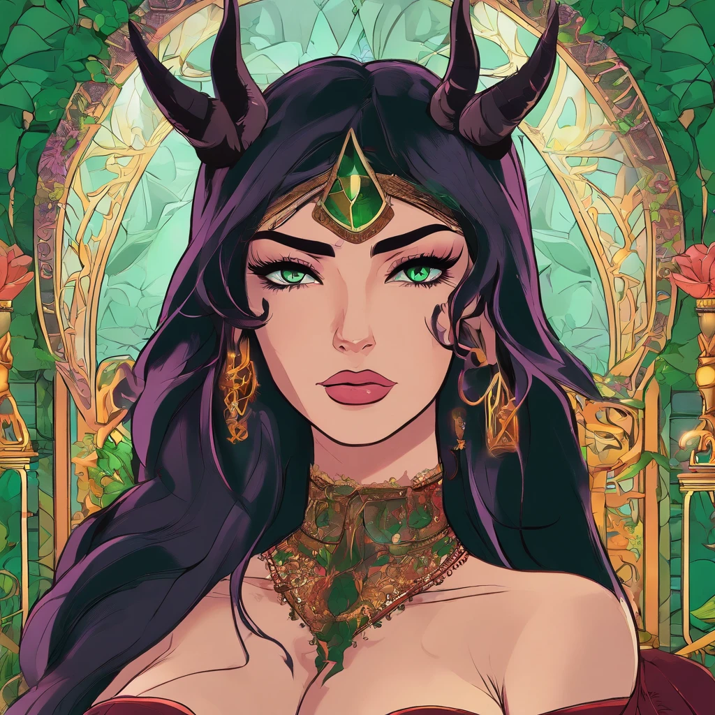 (black hair, green eyes:1.1) thicc succubus, (thigh-high fishnets:1.1), seductive expression, (beautiful detailed eyes, beautiful detailed lips), (demon horns), (voluptuous body), (dark atmosphere), (sensual pose), (soft lighting), (provocative outfit), (dark fantasy), (lush background), (high-res, 4k), (vivid colors), (dramatic lighting), (elegant curves), (sinister charm), (erotic undertones), (alluring beauty), (temptation), (exquisite details), (mythical creature), (seductive aura), (captivating gaze), (lush hair), (mysterious allure), (supernatural vibe), (sensual presence), (charismatic feminity), (enchanting silhouette), (enticing energy), (provocative ambiance), (fantasy charm), (mystical seductress), (intense charisma), (spellbinding allure), (mesmerizing figure), (bewitching elegance), (magnetic grace) wearing fur lined dress