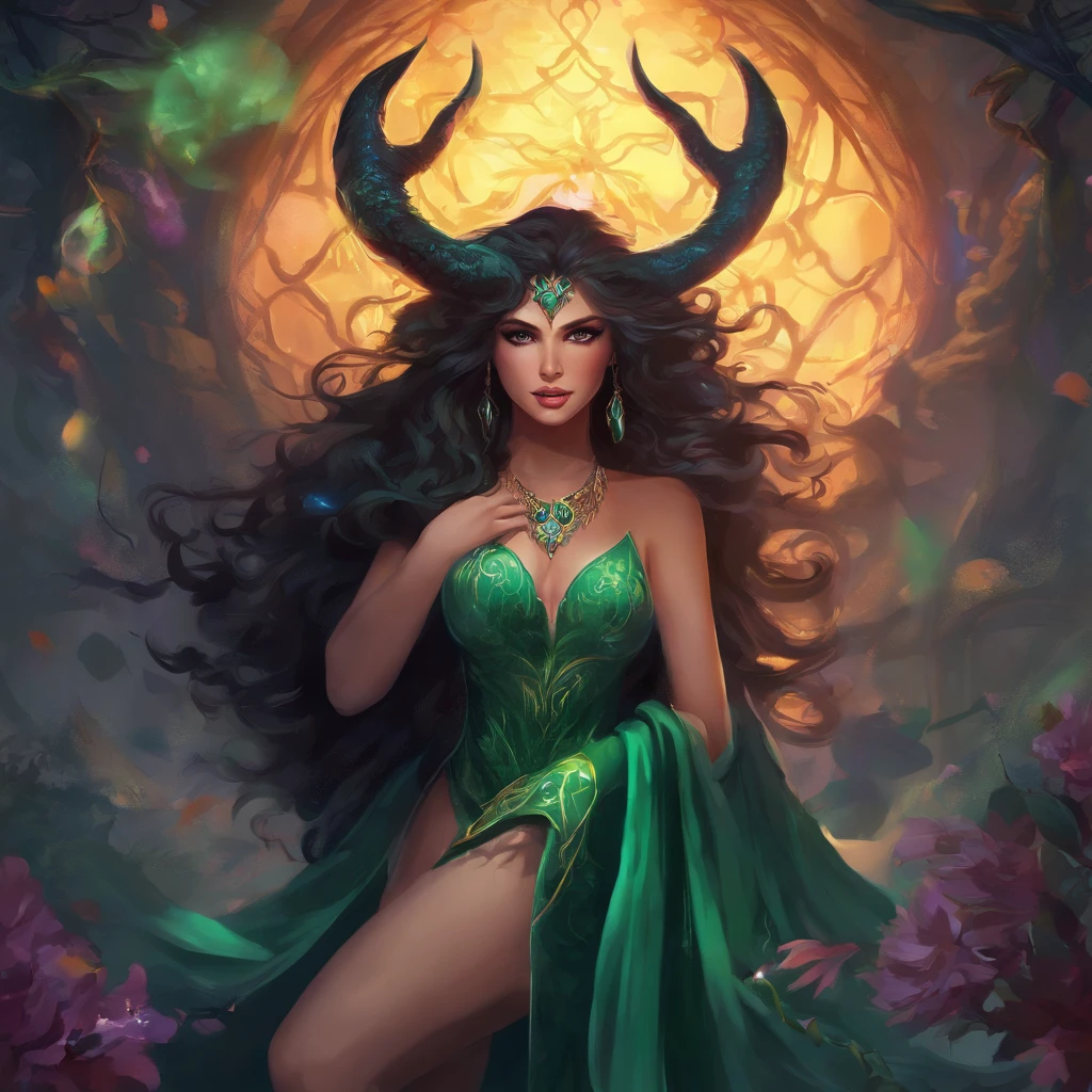 (black hair, green eyes:1.1) thicc succubus, (thigh-high fishnets:1.1), seductive expression, (beautiful detailed eyes, beautiful detailed lips), (demon horns), (voluptuous body), (dark atmosphere), (sensual pose), (soft lighting), (provocative outfit), (dark fantasy), (lush background), (high-res, 4k), (vivid colors), (dramatic lighting), (elegant curves), (sinister charm), (erotic undertones), (alluring beauty), (temptation), (exquisite details), (mythical creature), (seductive aura), (captivating gaze), (lush hair), (mysterious allure), (supernatural vibe), (sensual presence), (charismatic feminity), (enchanting silhouette), (enticing energy), (provocative ambiance), (fantasy charm), (mystical seductress), (intense charisma), (spellbinding allure), (mesmerizing figure), (bewitching elegance), (magnetic grace) wearing fur lined dress